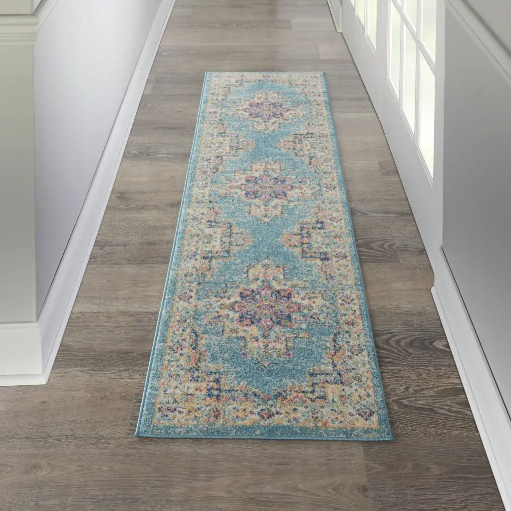 2' X 8' Light Blue Distressed Medallion Runner Rug - Image 5