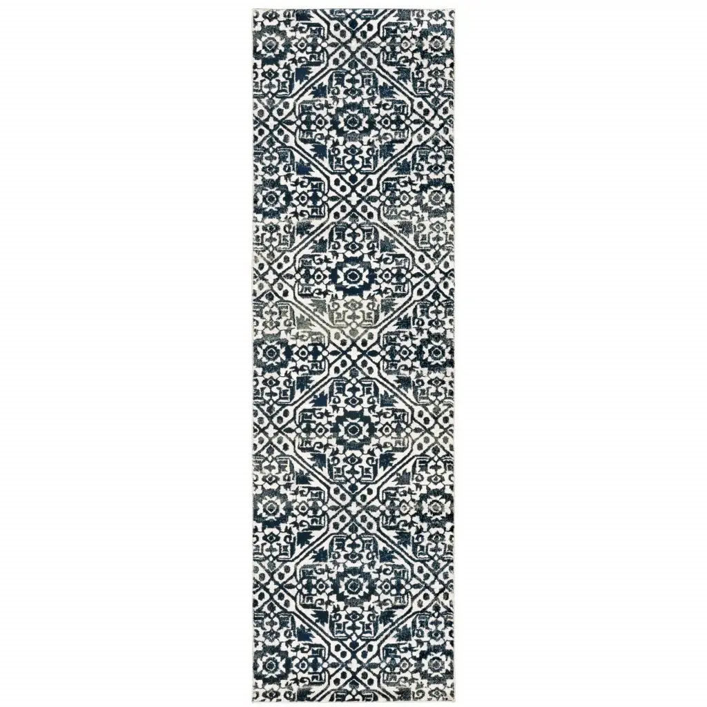 2' X 8' Navy And Ivory Geometric Power Loom Stain Resistant Runner Rug - Image 2
