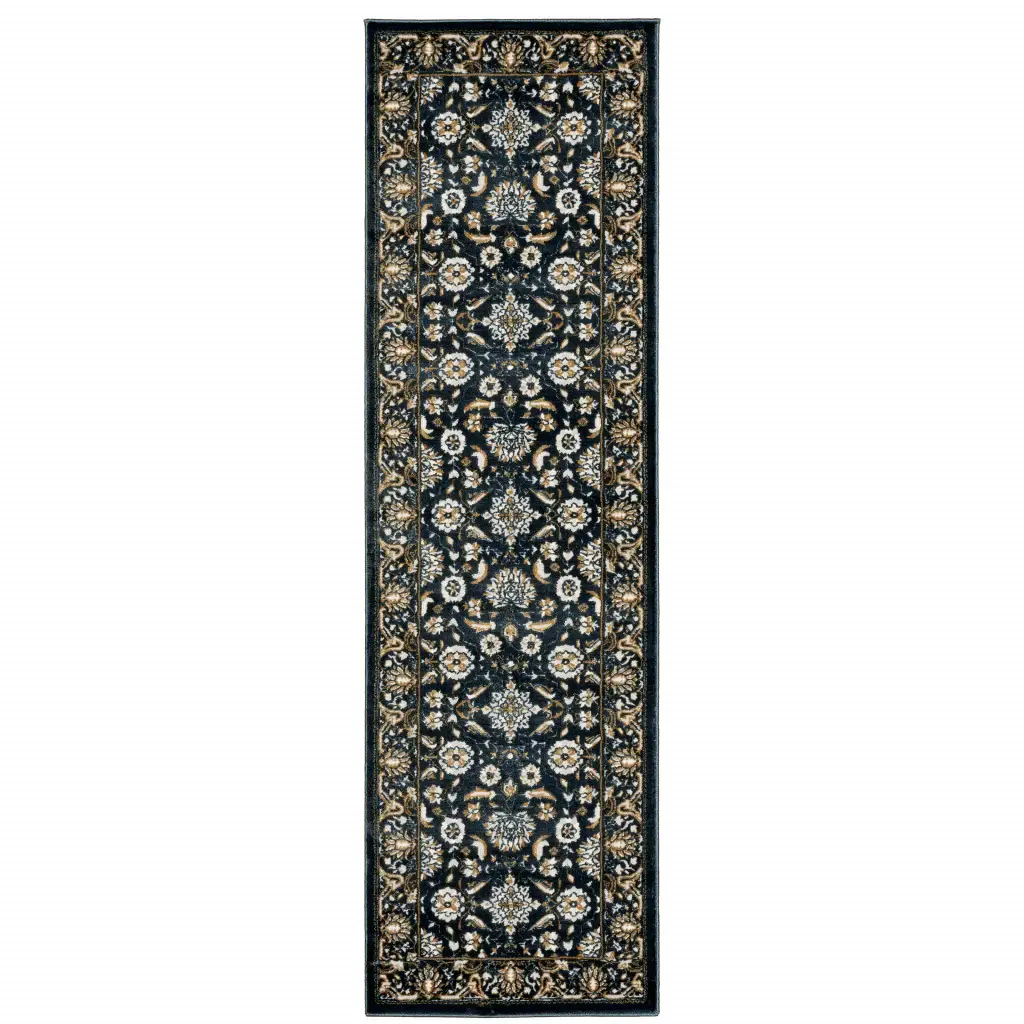 2' X 8' Navy Caramel And Ivory Oriental Power Loom Stain Resistant Runner Rug - Image 2