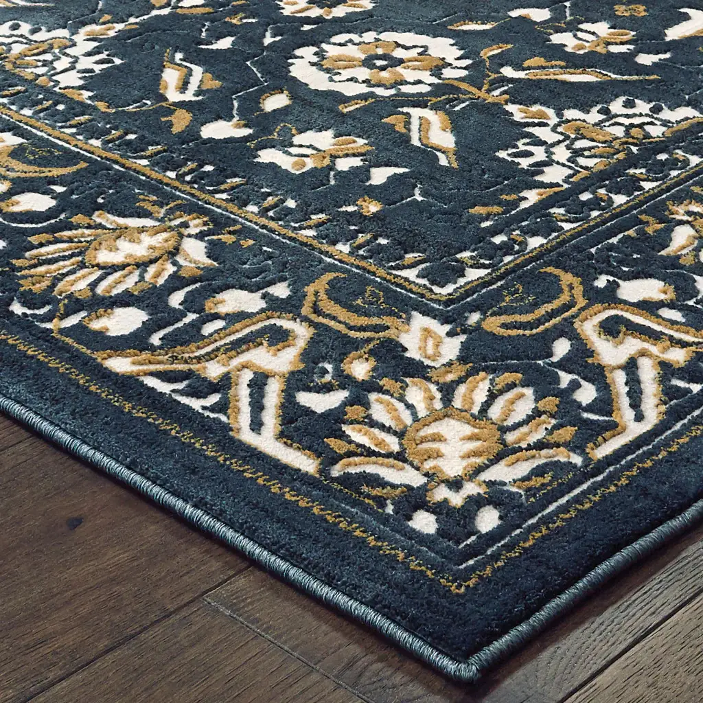2' X 8' Navy Caramel And Ivory Oriental Power Loom Stain Resistant Runner Rug - Image 4