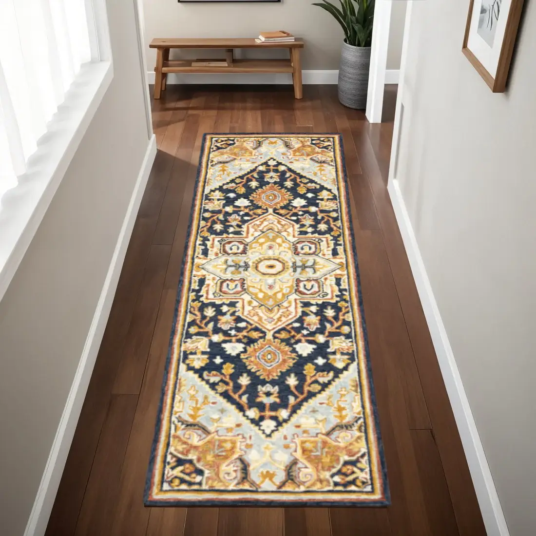 2' X 8' Navy Rust Blue Ivory And Gold Oriental Tufted Handmade Stain Resistant Runner Rug