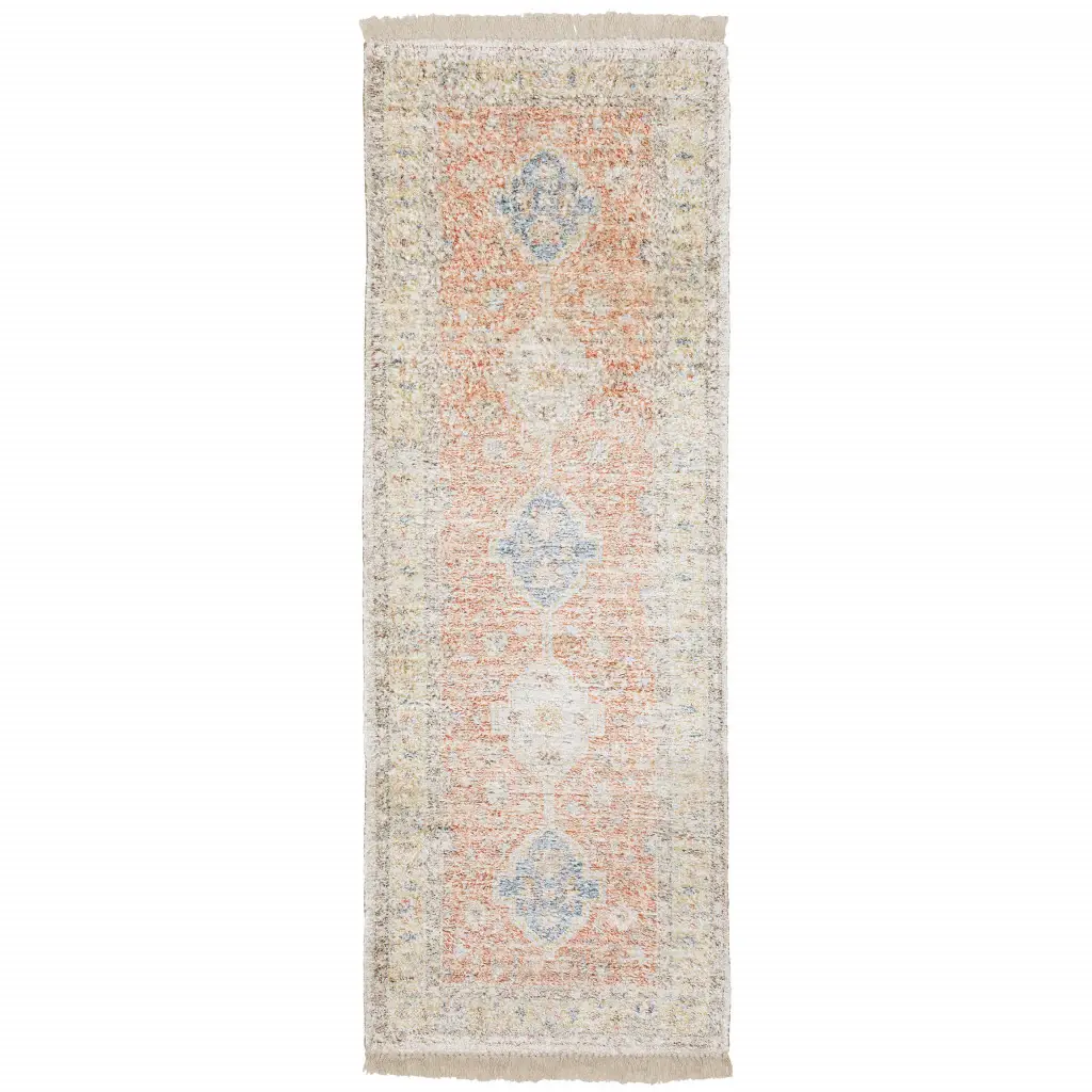 2' X 8' Orange And Blue Oriental Hand Loomed Stain Resistant Runner Rug With Fringe - Image 2
