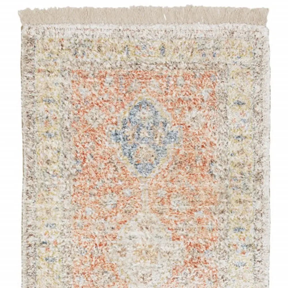 2' X 8' Orange And Blue Oriental Hand Loomed Stain Resistant Runner Rug With Fringe - Image 4
