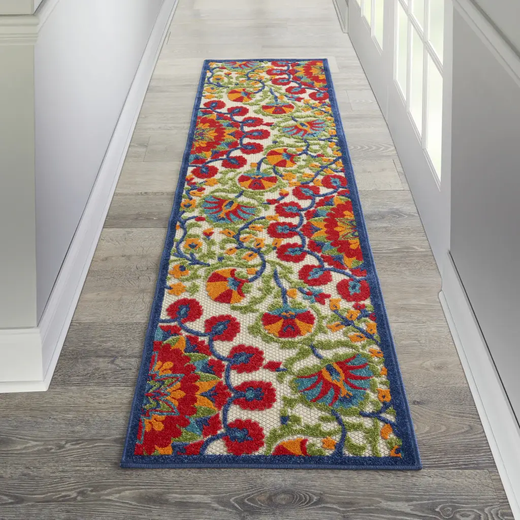 2' X 8' Red And Ivory Floral Indoor Outdoor Area Rug - Image 2