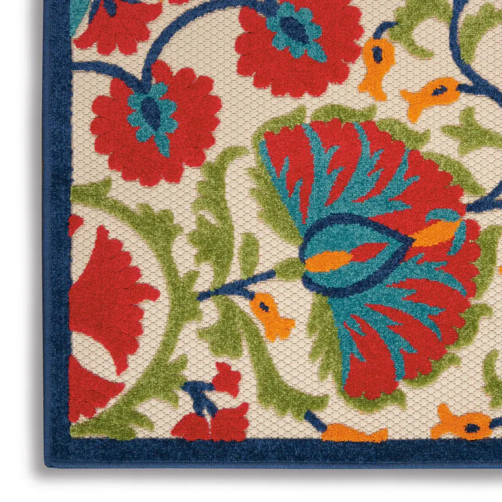 2' X 8' Red And Ivory Floral Indoor Outdoor Area Rug - Image 3