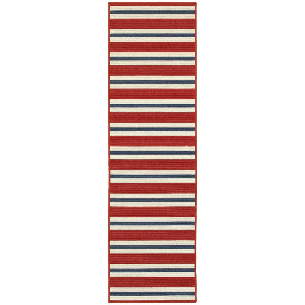 2' X 8' Red and Ivory Geometric Stain Resistant Indoor Outdoor Area Rug