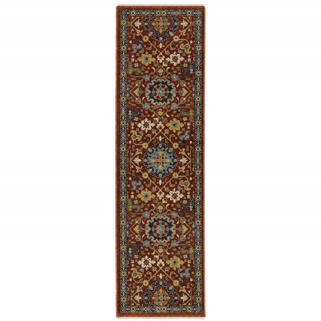 2' X 8' Red Blue Gold And Ivory Oriental Power Loom Stain Resistant Runner Rug With Fringe - Image 2