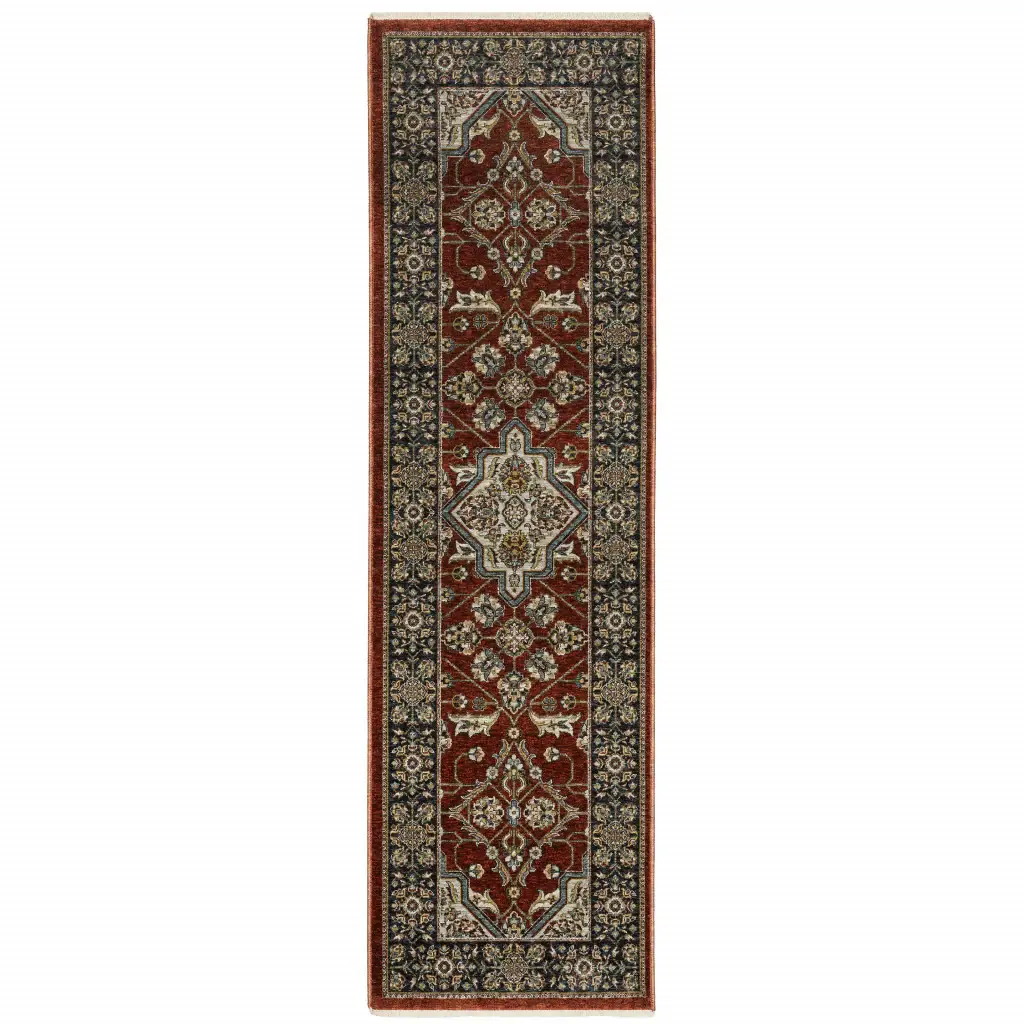2' X 8' Red Ivory Blue Navy Gold And Grey Oriental Power Loom Stain Resistant Runner Rug With Fringe - Image 2