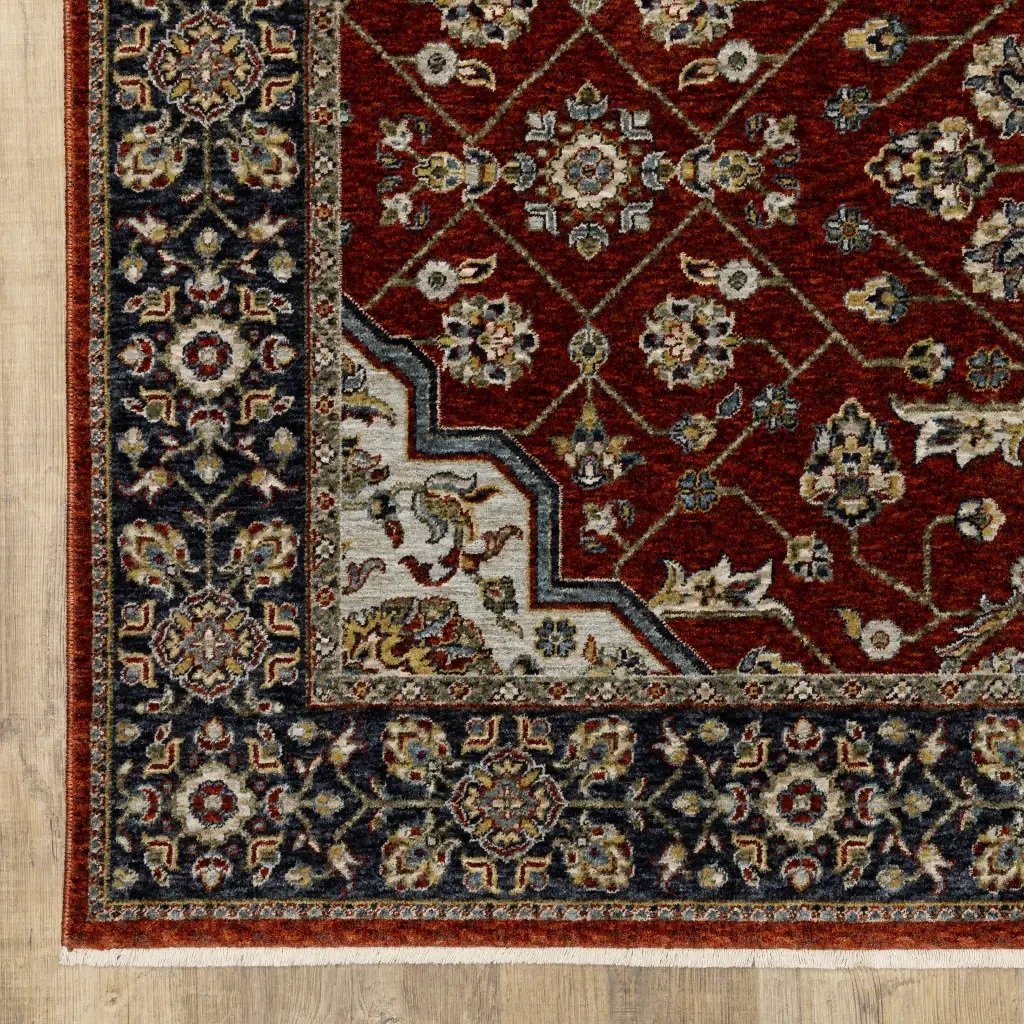 2' X 8' Red Ivory Blue Navy Gold And Grey Oriental Power Loom Stain Resistant Runner Rug With Fringe - Image 4
