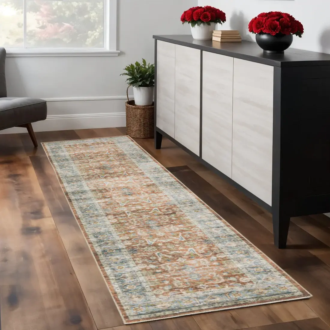 2' X 8' Rust Blue Ivory And Gold Oriental Printed Stain Resistant Non Skid Runner Rug