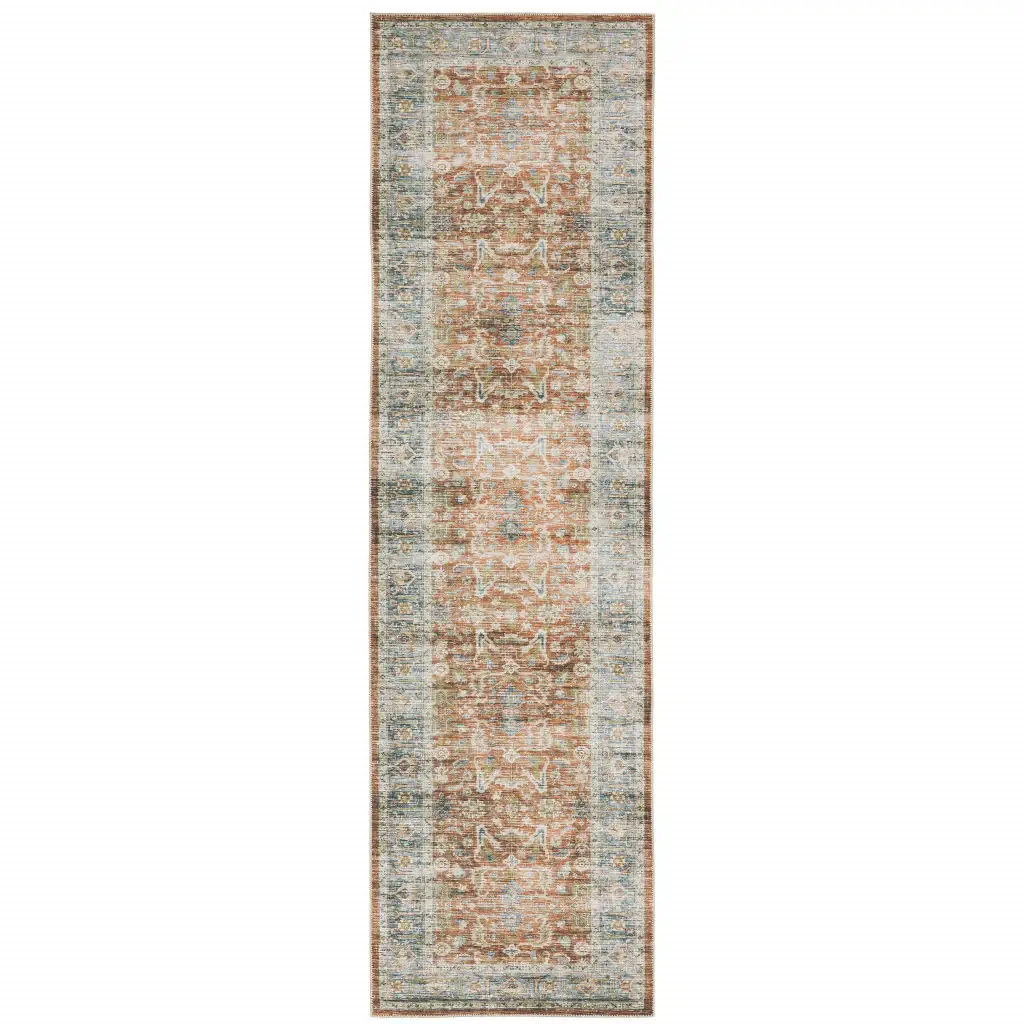 2' X 8' Rust Blue Ivory And Gold Oriental Printed Stain Resistant Non Skid Runner Rug - Image 2