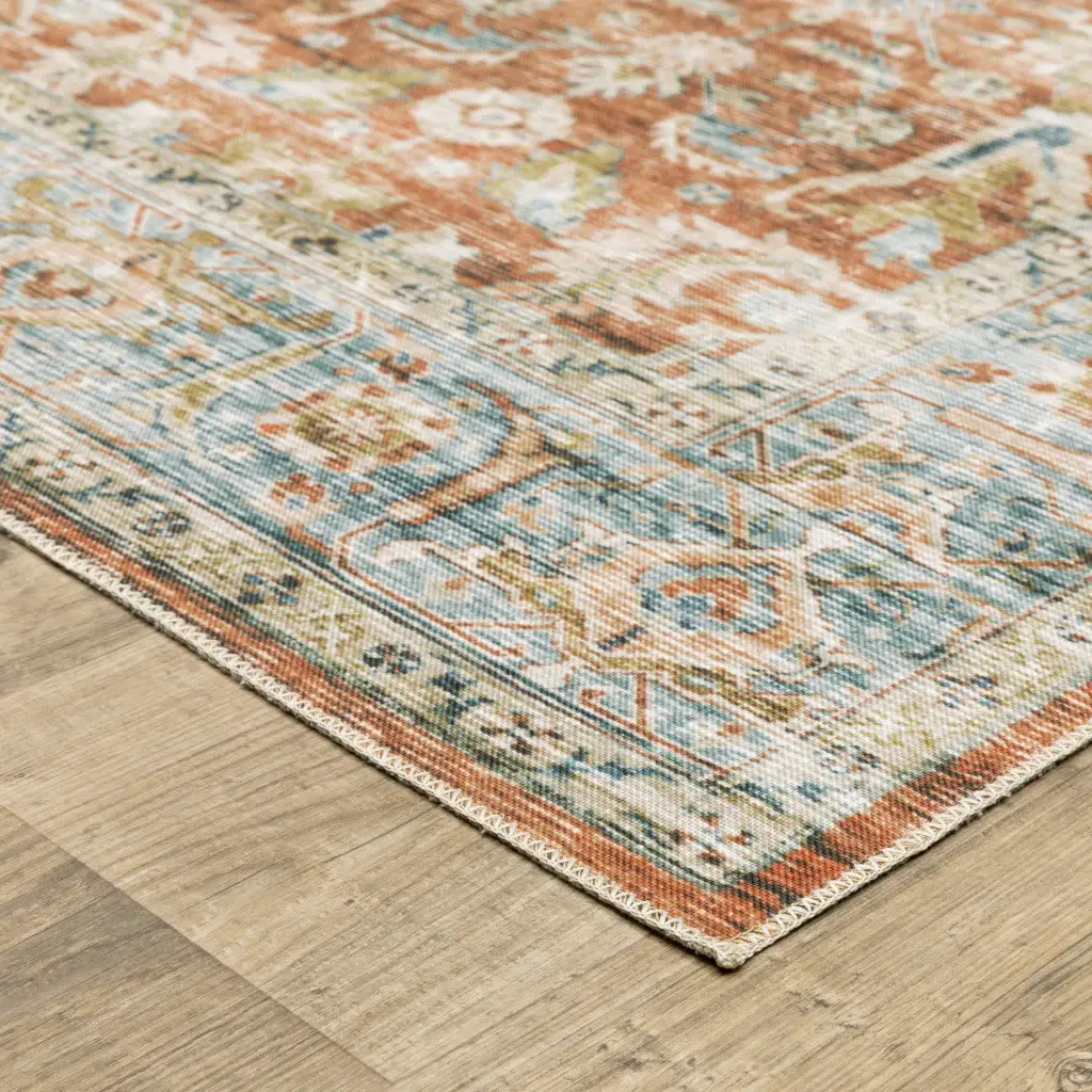 2' X 8' Rust Blue Ivory And Gold Oriental Printed Stain Resistant Non Skid Runner Rug - Image 4