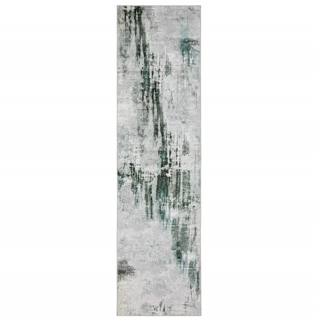 2' X 8' Silver Grey Teal Blue And Charcoal Abstract Printed Stain Resistant Non Skid Runner Rug - Image 2