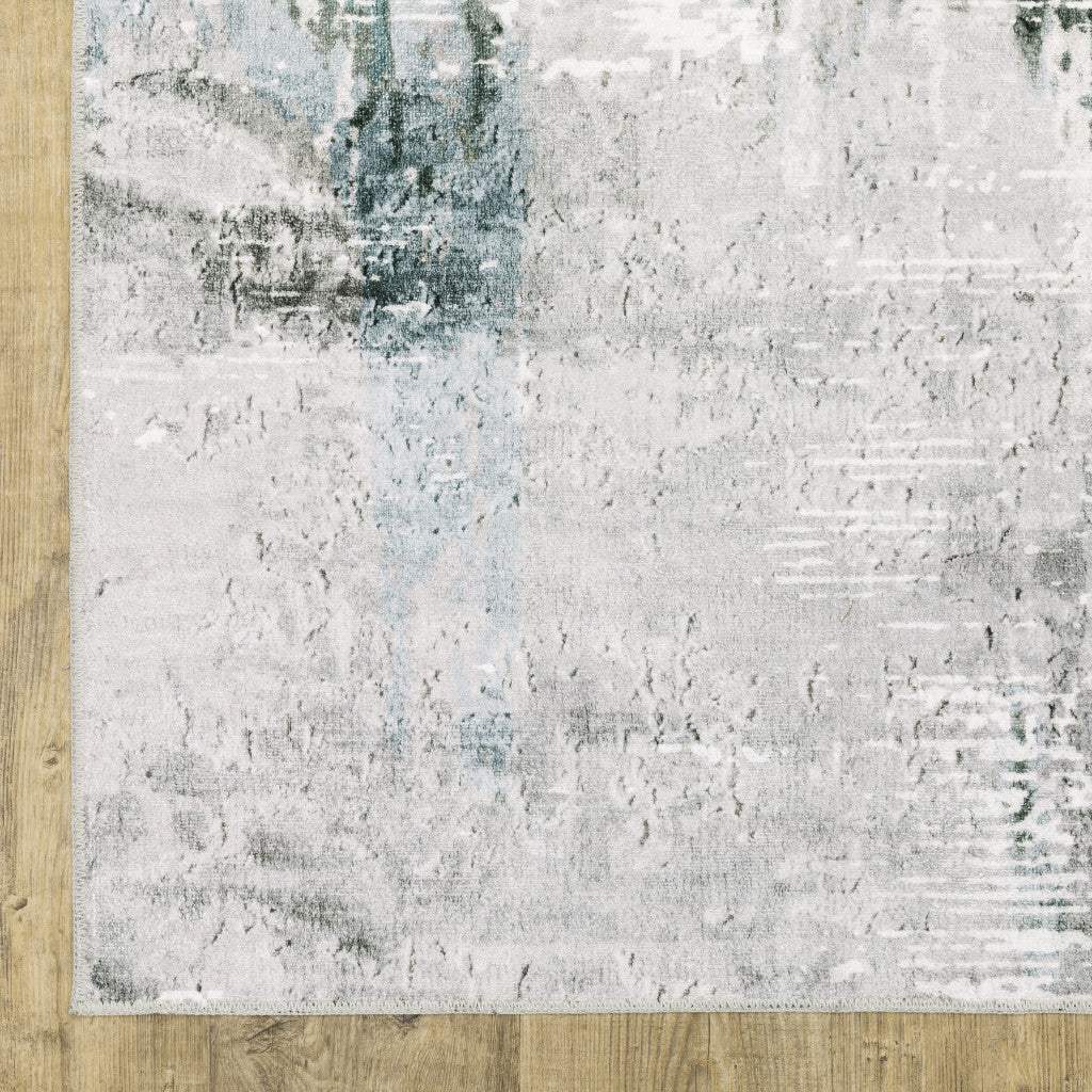 2' X 8' Silver Grey Teal Blue And Charcoal Abstract Printed Stain Resistant Non Skid Runner Rug - Image 4