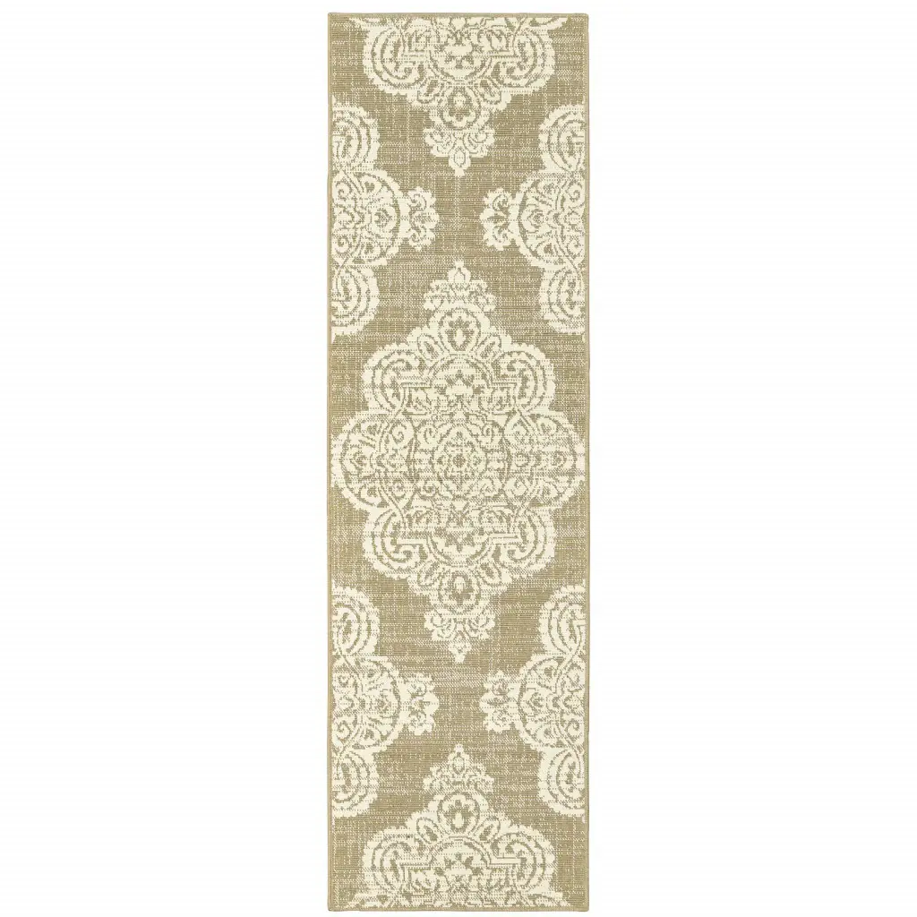 2' X 8' Tan Oriental Stain Resistant Indoor Outdoor Area Rug