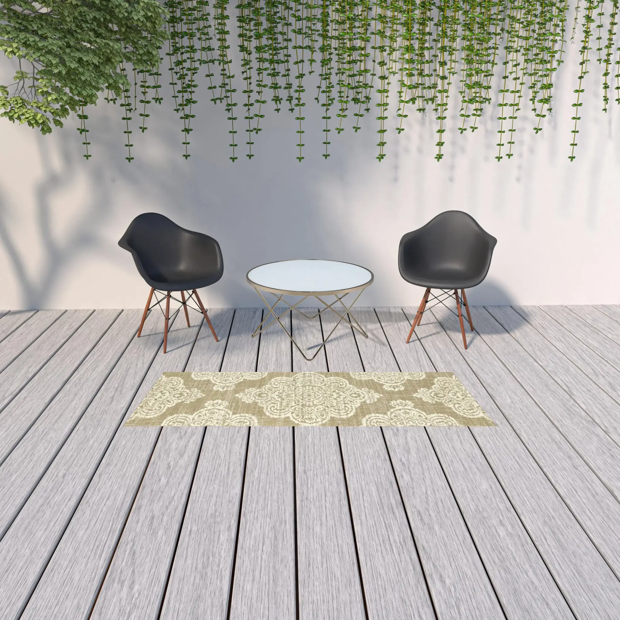 2' X 8' Tan Oriental Stain Resistant Indoor Outdoor Area Rug - Image 2