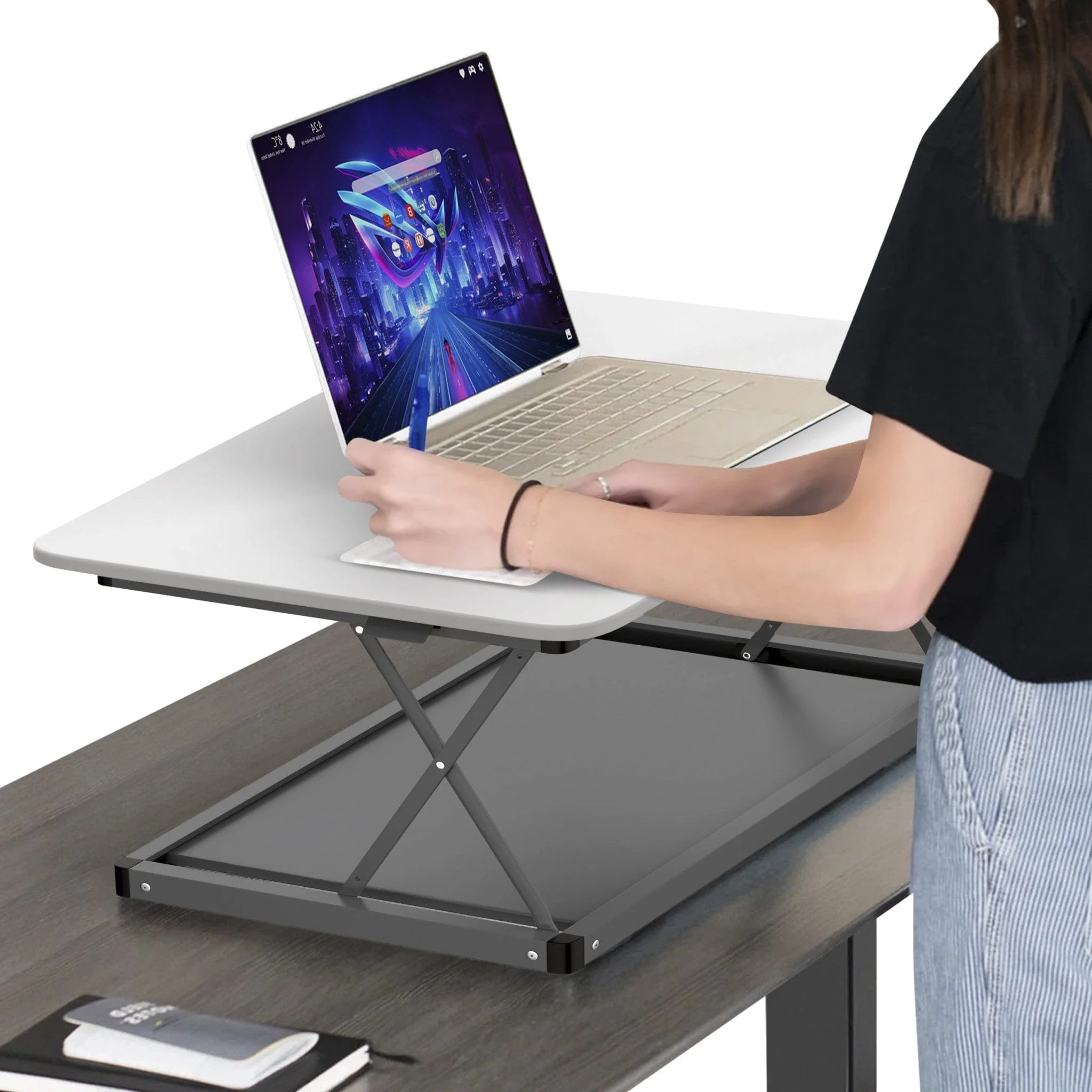 20" Adjustable White and Silver Stainless Steel Standing Desk Converter - Image 6