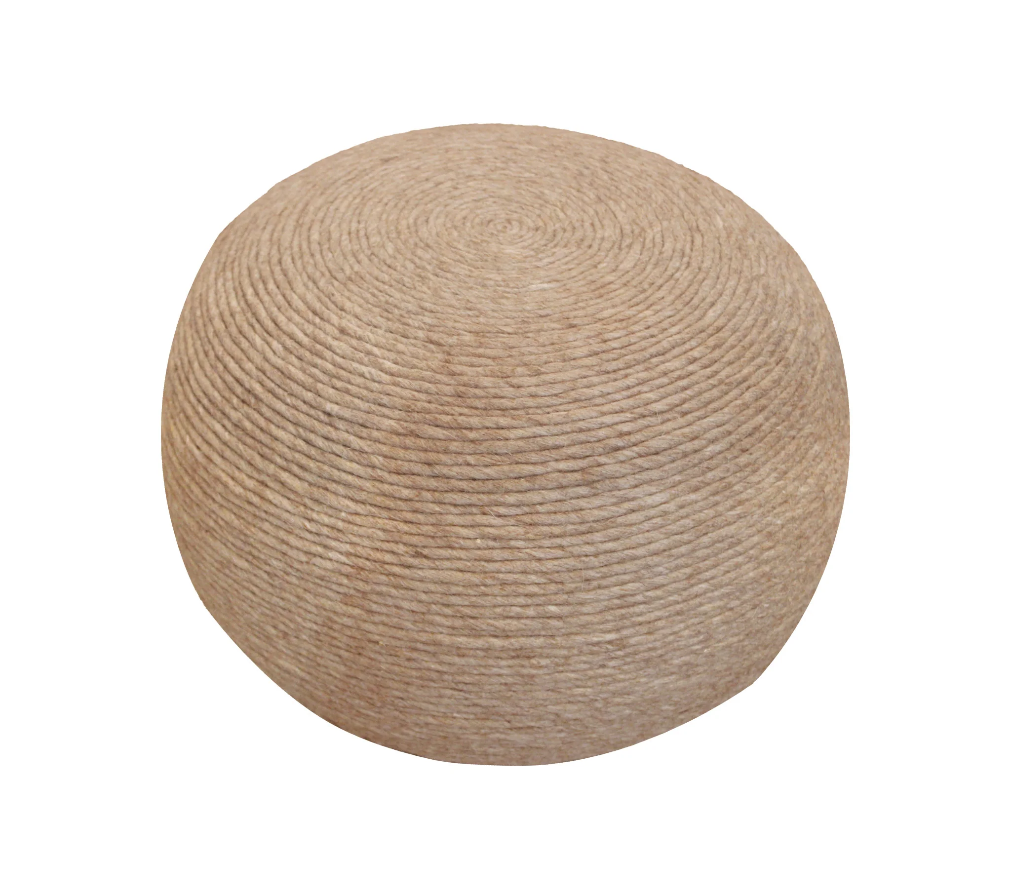 20" Beige Wool Round Ribbed Pouf Ottoman - Image 3