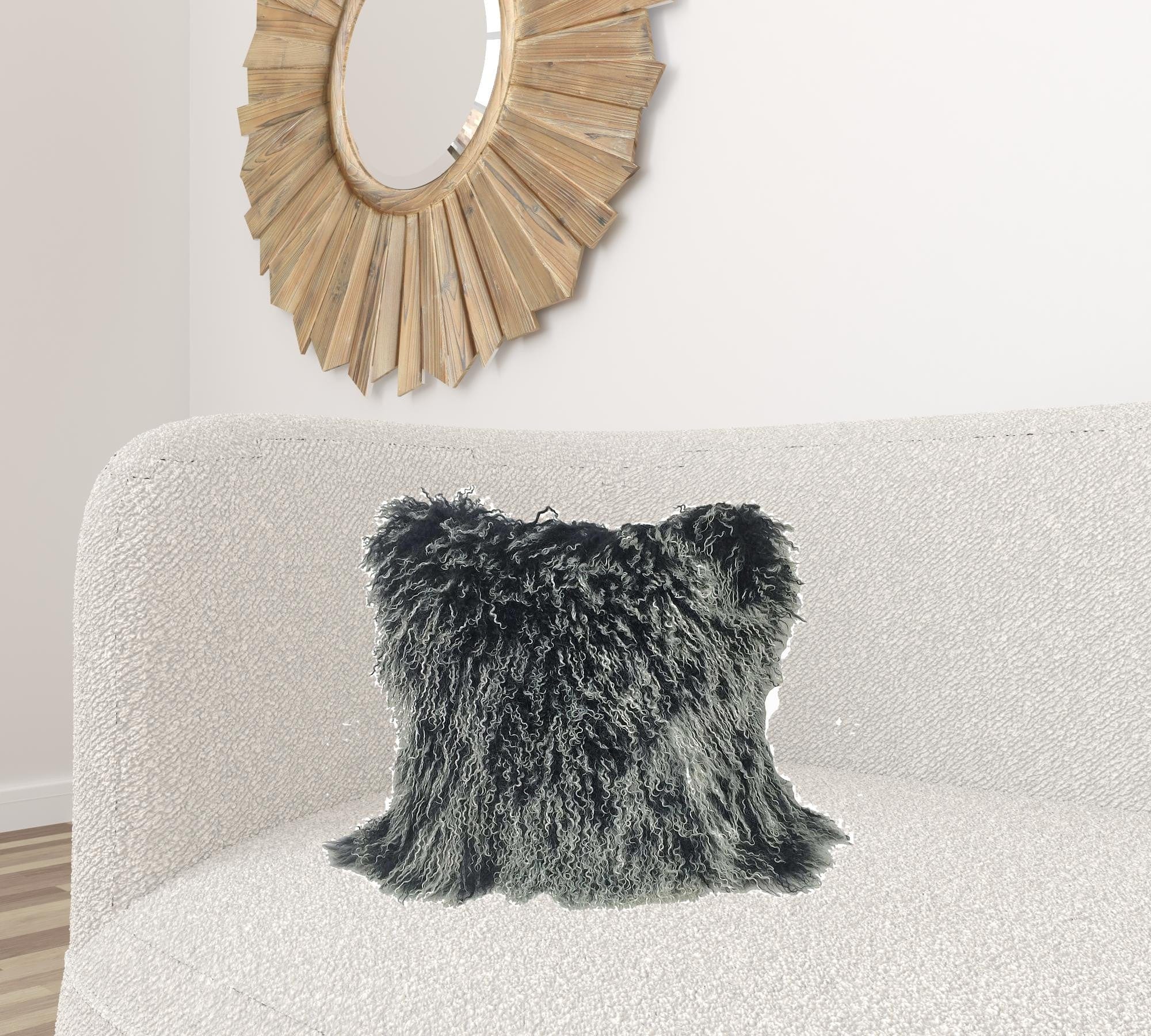 20" Black White Genuine Tibetan Lamb Fur Pillow With Microsuede Backing - Image 2