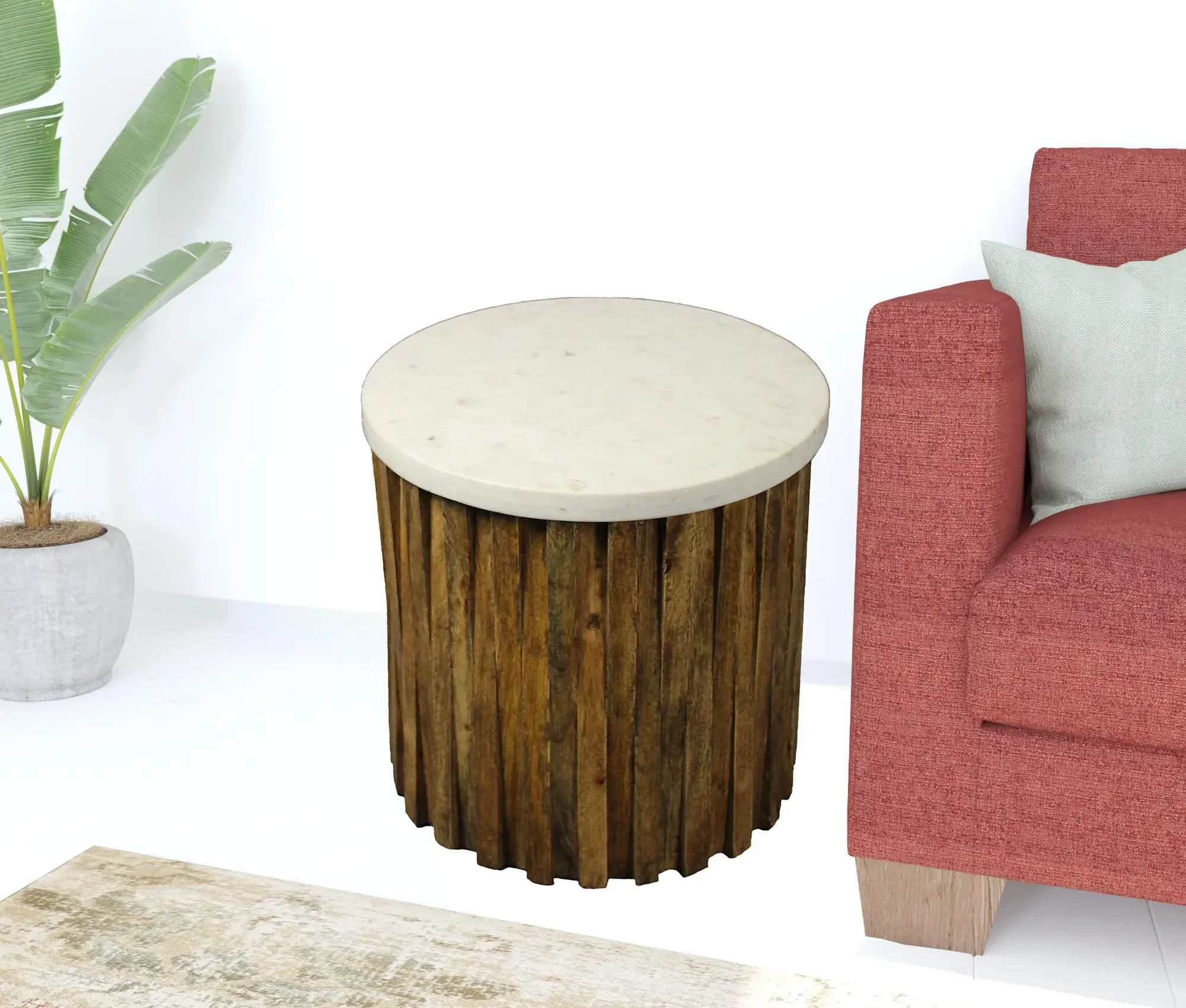 20" Brown And Ivory Marble And Solid Wood Round End Table - Image 2