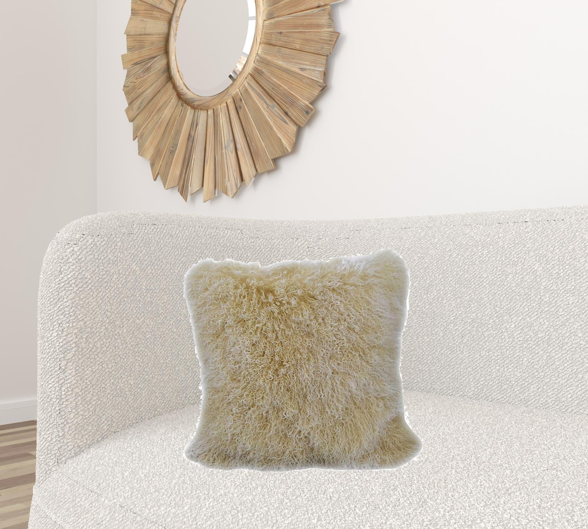 20" Gold Genuine Tibetan Lamb Fur Pillow With Microsuede Backing - Image 2