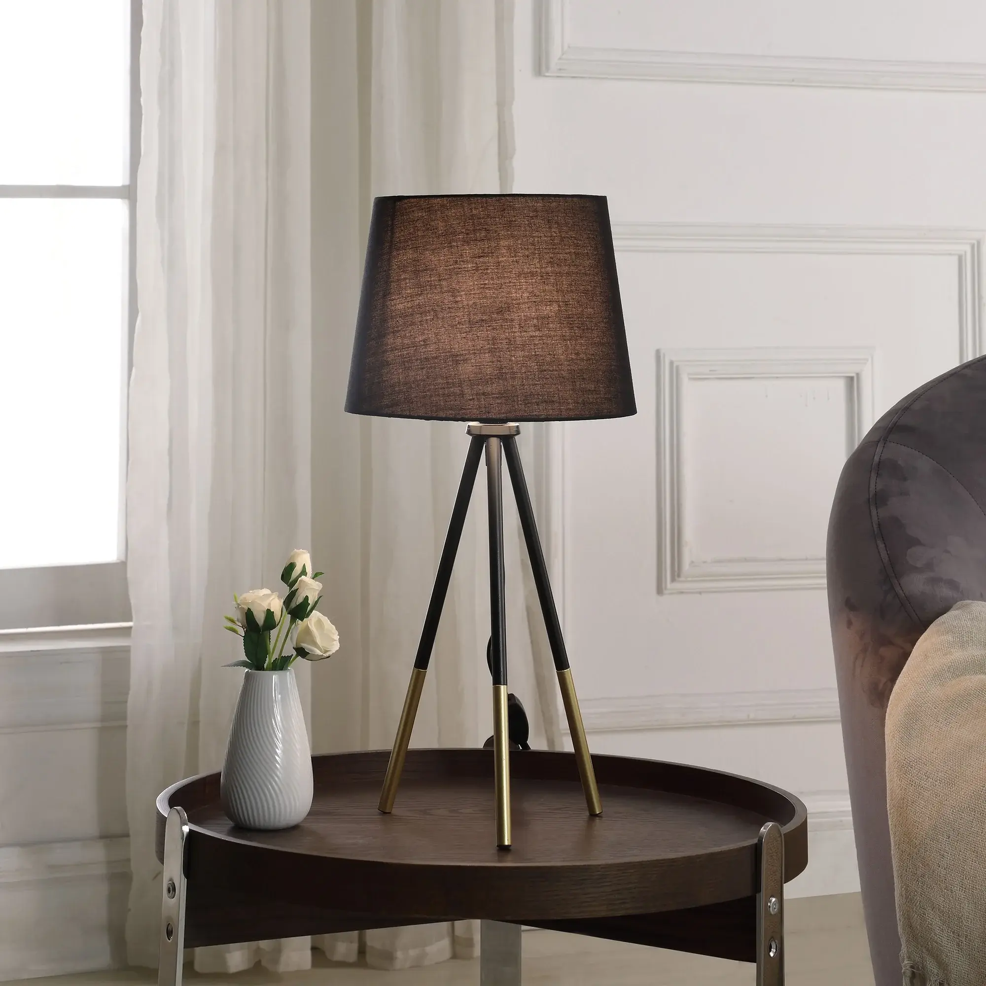 20" Gold Tripod Table Lamp With Black Empire Shade - Image 6