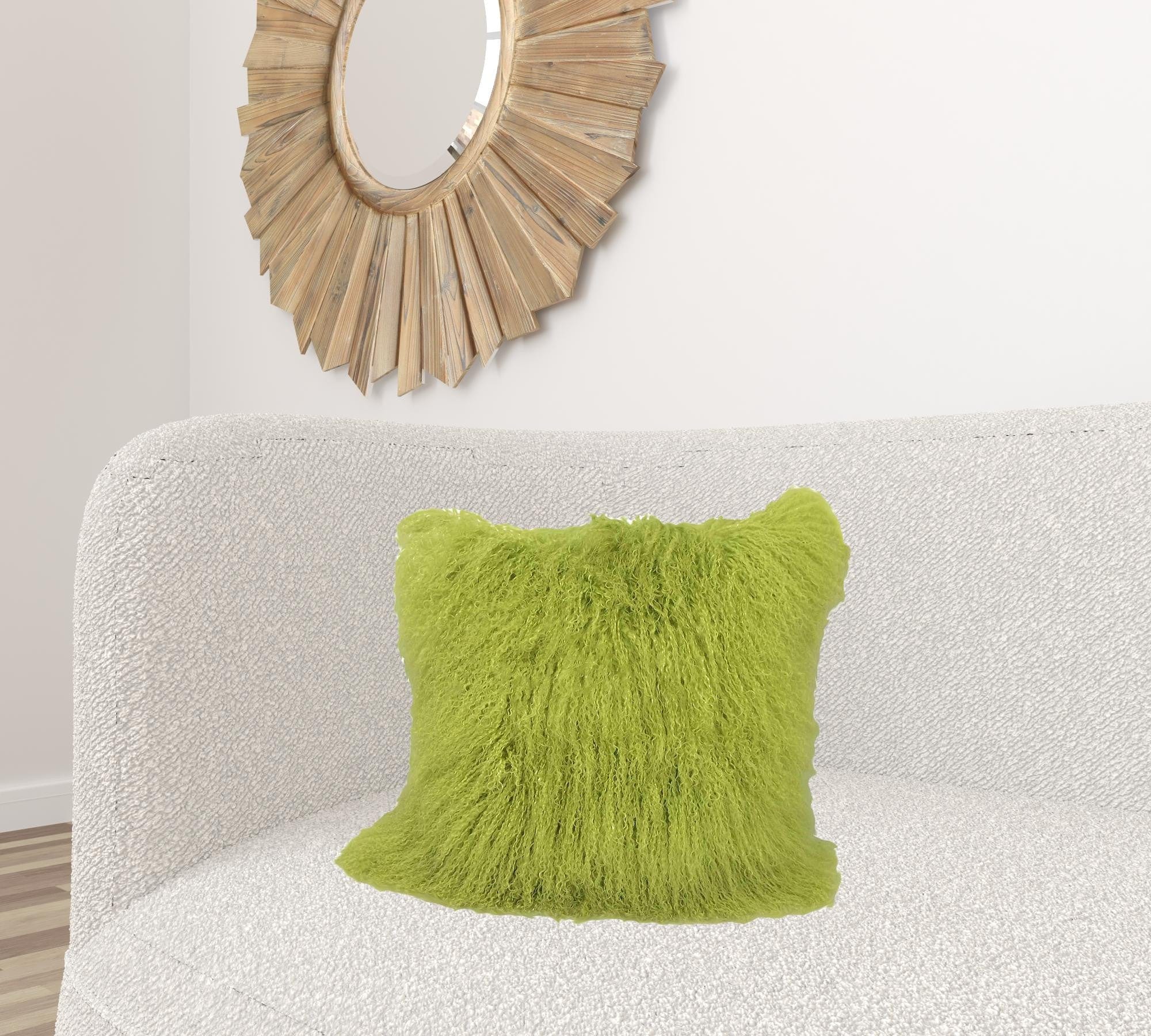 20" Lime Green Genuine Tibetan Lamb Fur Pillow With Microsuede Backing - Image 2