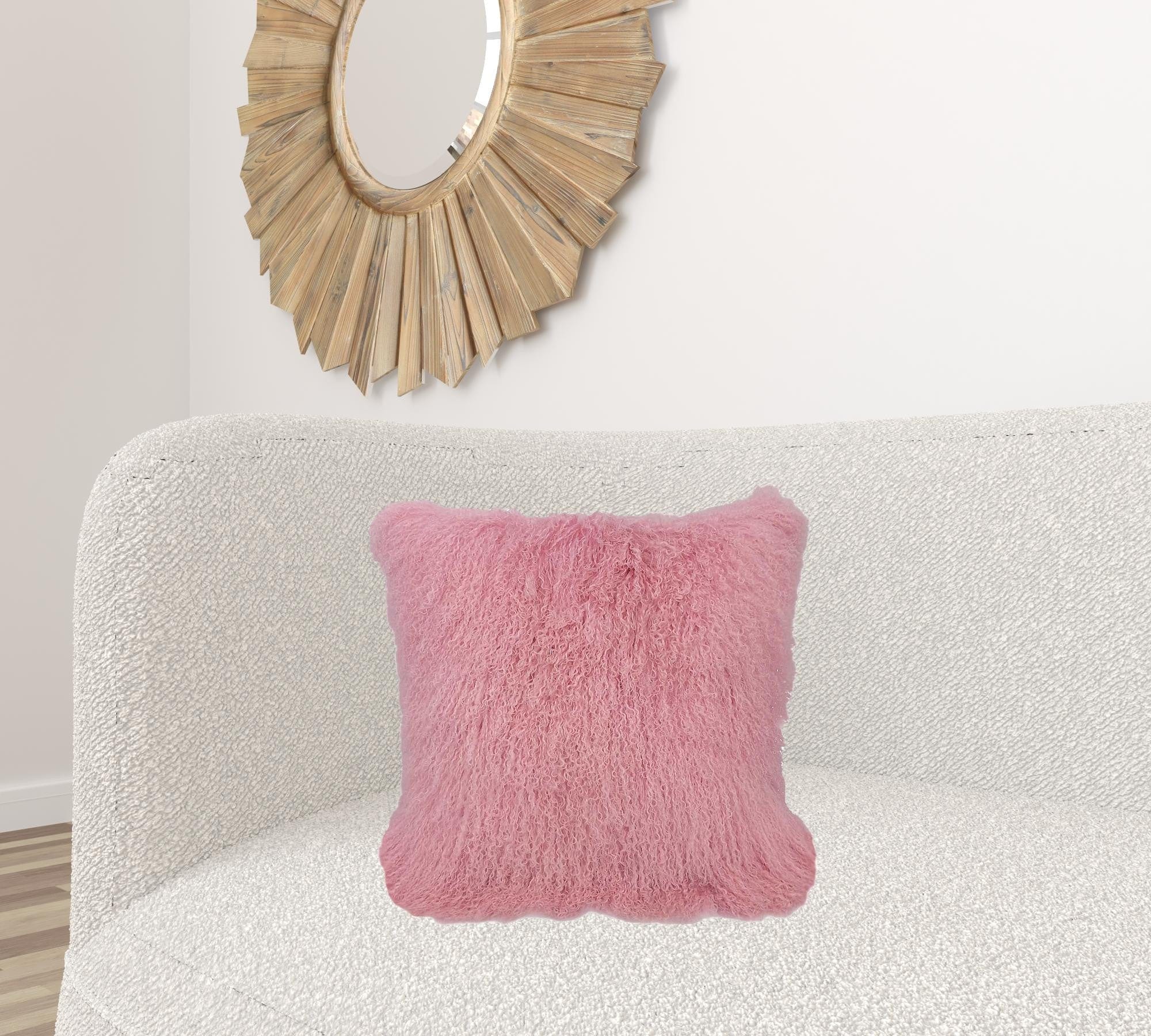 20" Pink Genuine Tibetan Lamb Fur Pillow With Microsuede Backing - Image 2