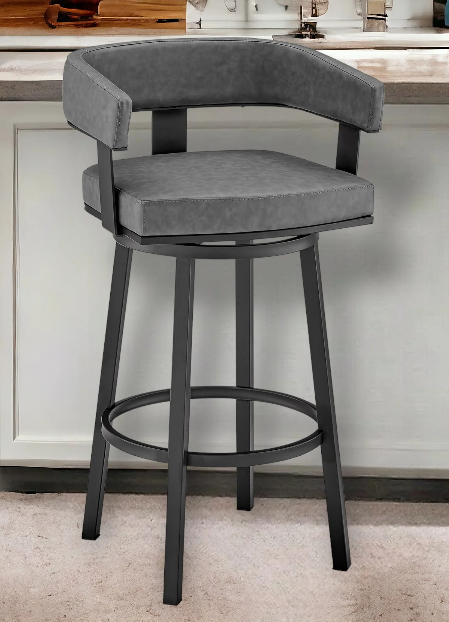 26" Gray And Black Faux Leather And Iron Swivel Low Back Counter Height Bar Chair - Image 2