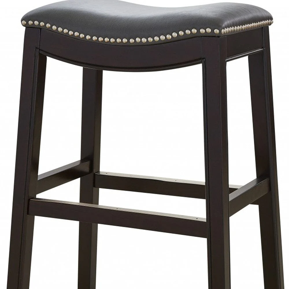 26" Gray And Espresso Faux Leather And Solid Wood Backless Counter Height Bar Chair - Image 5