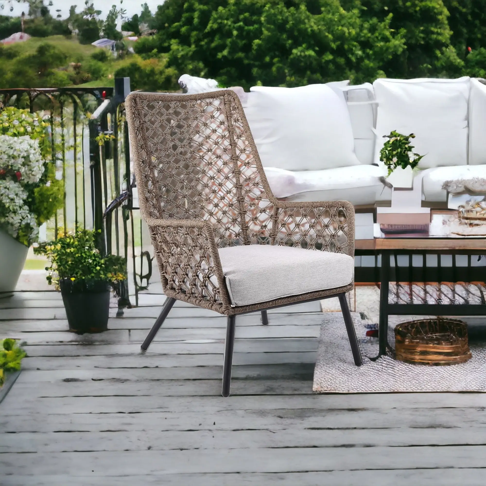 26" Gray Metal Outdoor Arm Chair with Gray Cushion - Image 2