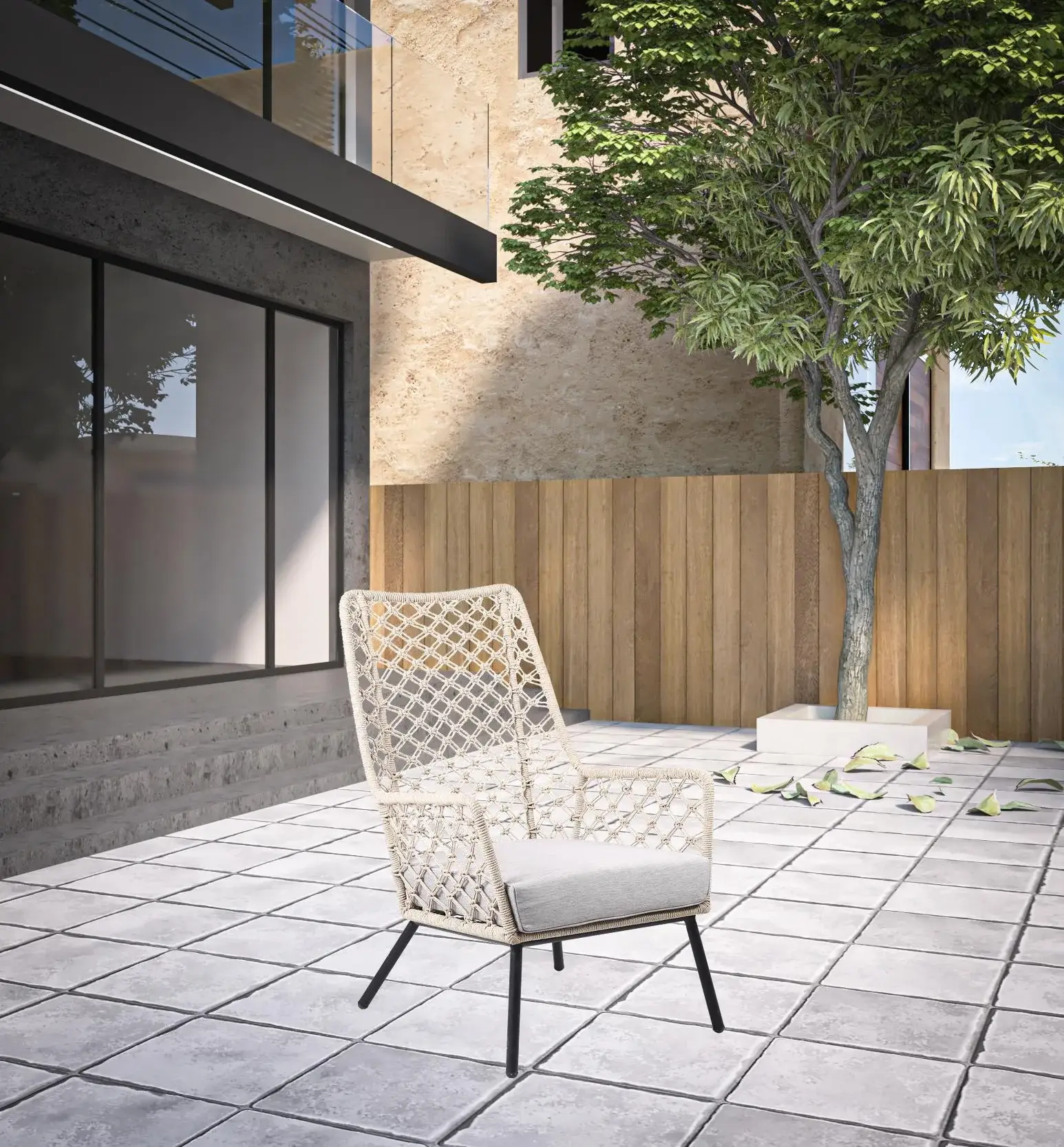 26" Gray Metal Outdoor Dining Chair with Gray Cushion - Image 2