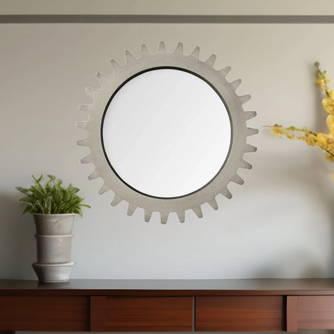 26" Round Grey Wood Frame Wall Mirror - Image 2