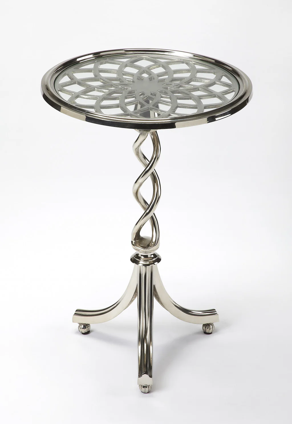 26" Silver Aluminum Open Lattice Round Top End Table - Image 3