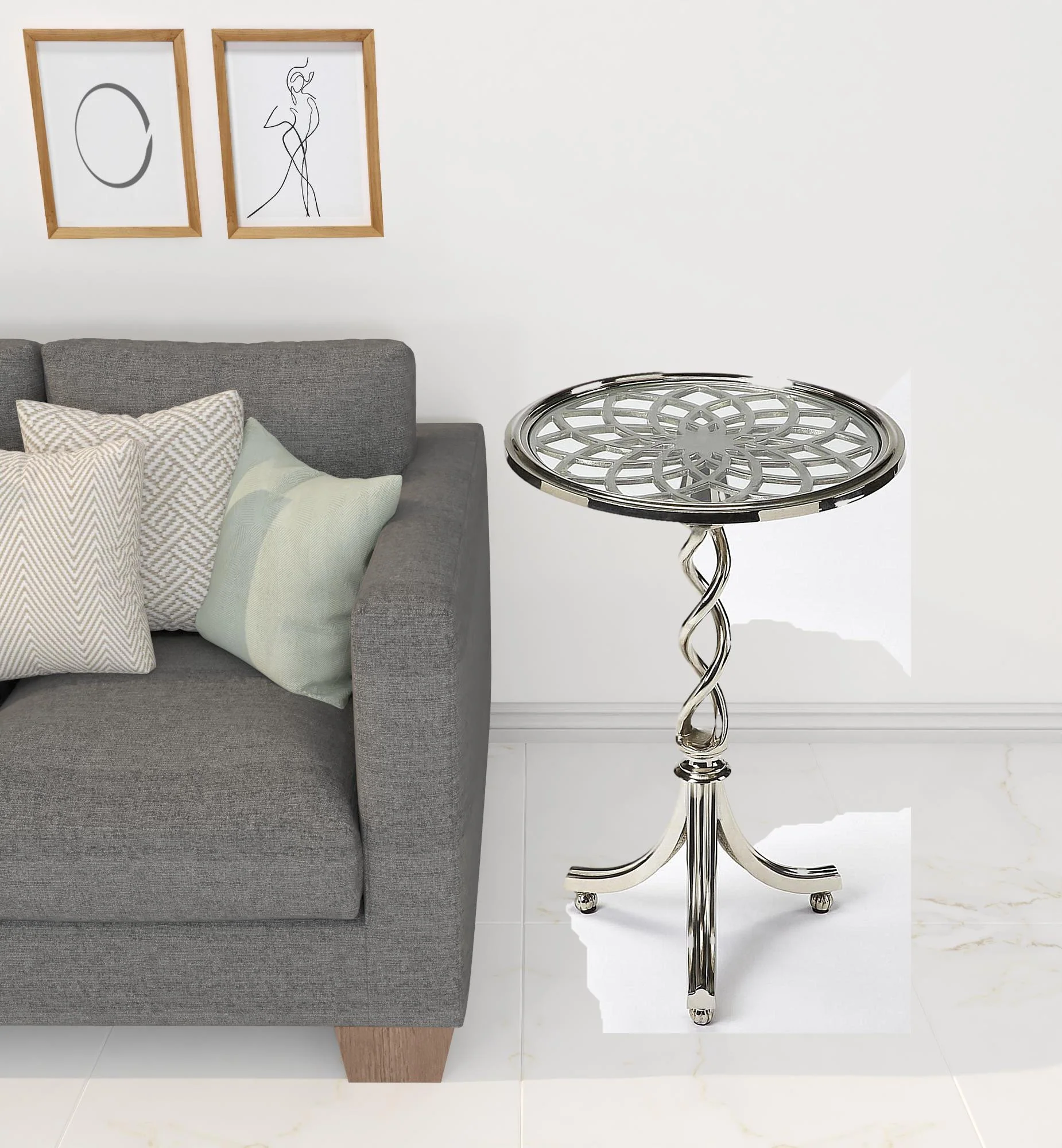 26" Silver Aluminum Open Lattice Round Top End Table - Image 4