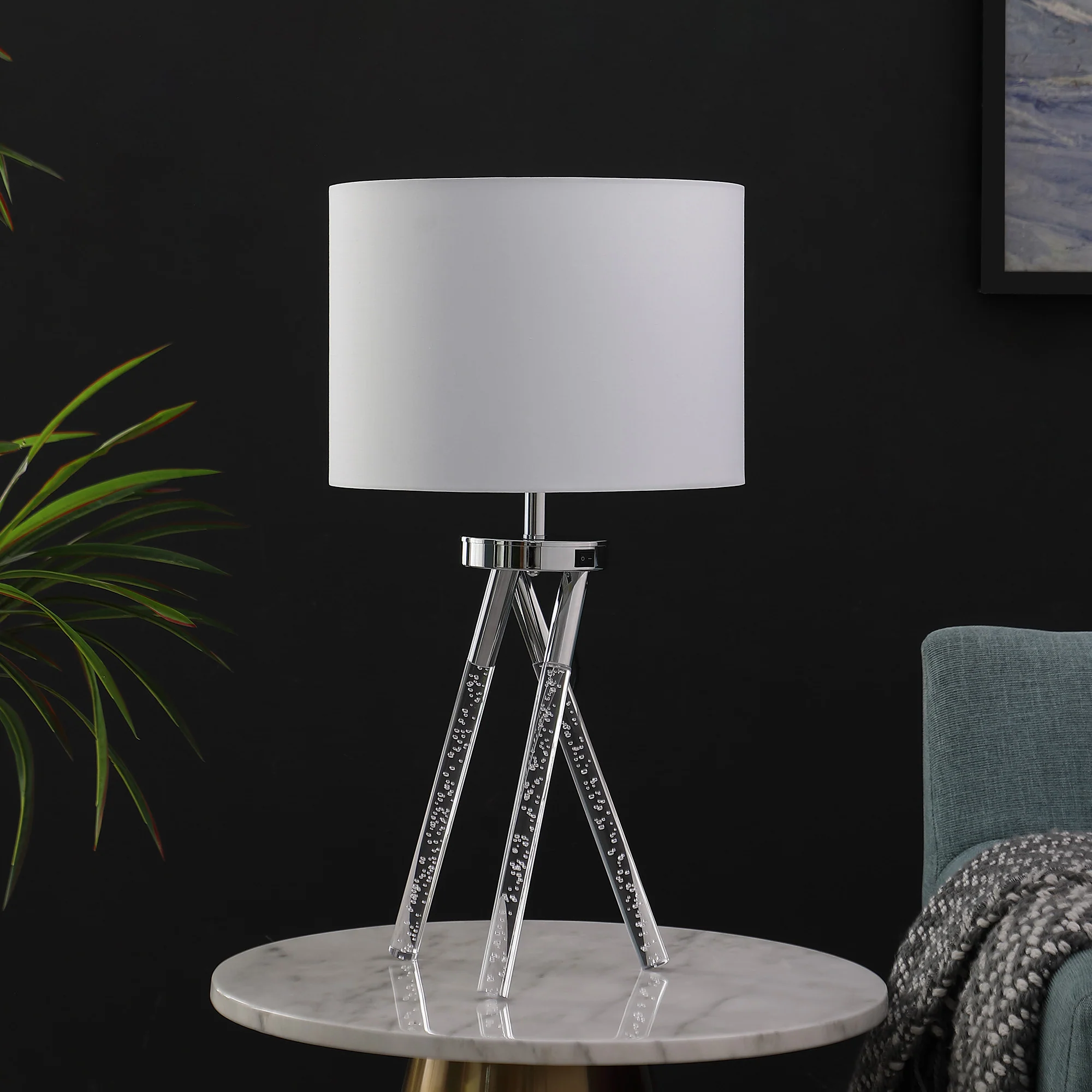 26" Silver and LED Acrylic Tripod Table Lamp With White Shade - Image 4