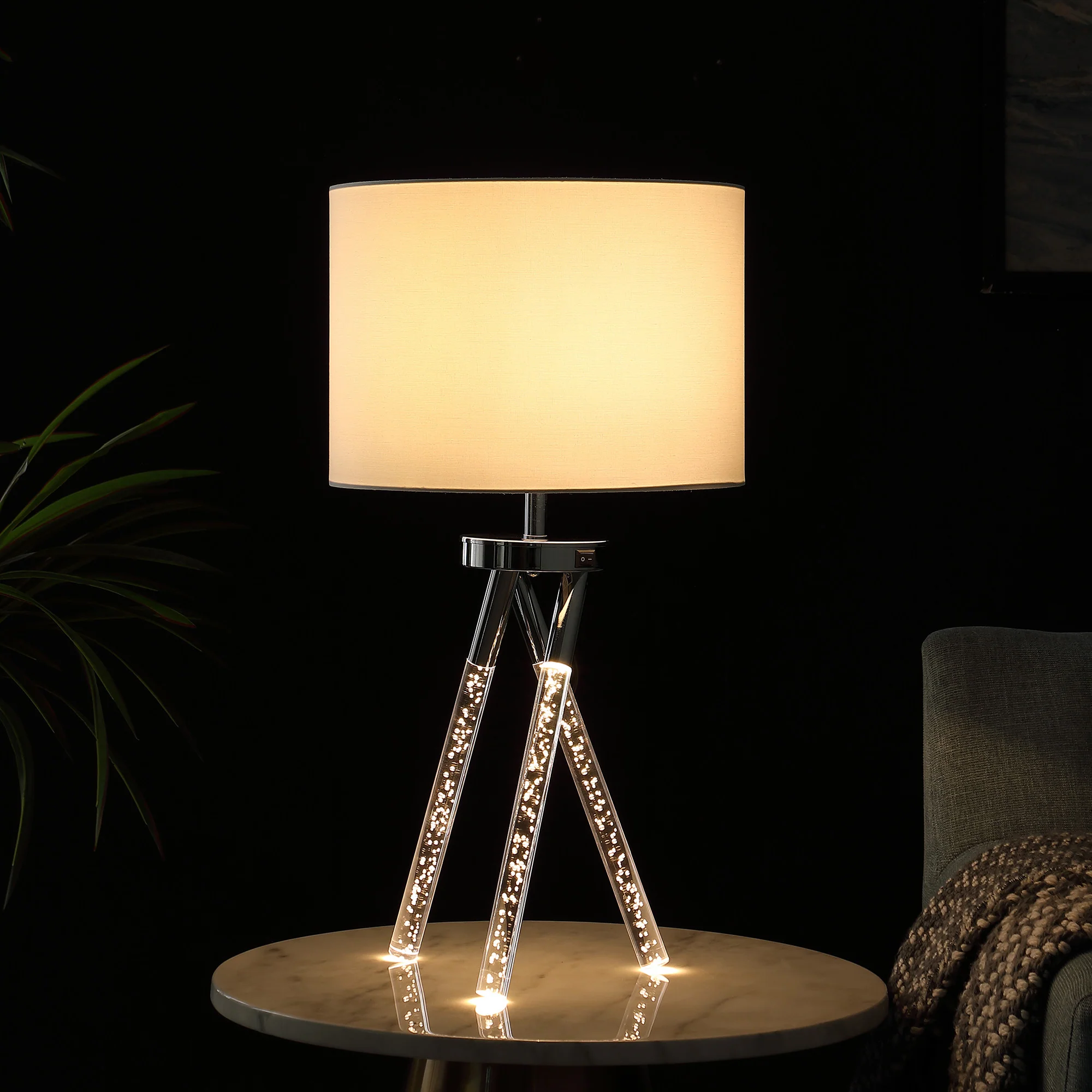 26" Silver and LED Acrylic Tripod Table Lamp With White Shade - Image 5