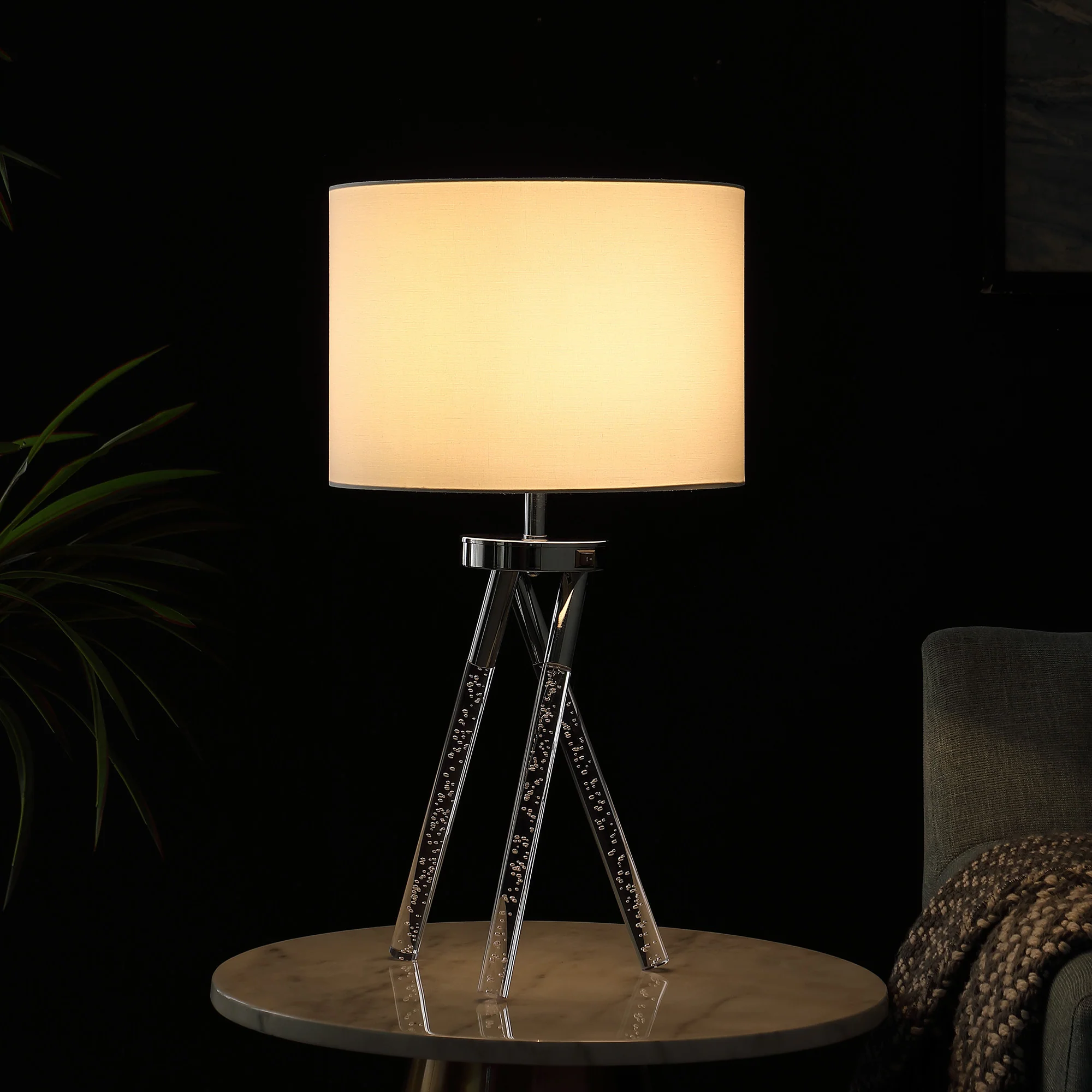 26" Silver and LED Acrylic Tripod Table Lamp With White Shade - Image 6