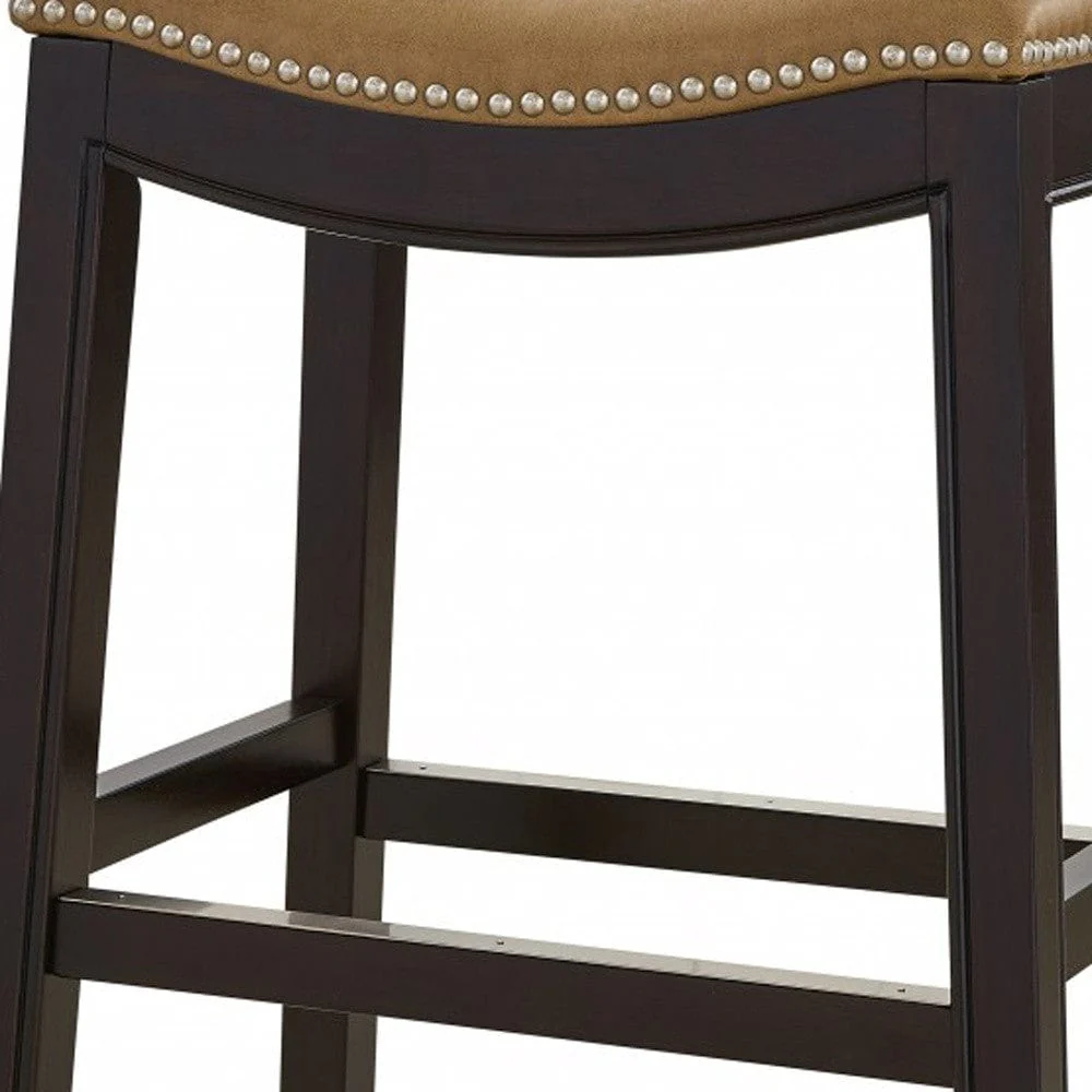 26" Tan And Espresso Solid Wood Backless Bar Height Bar Chair - Image 5