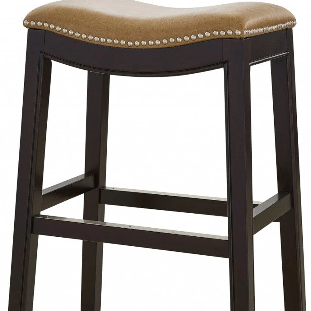 26" Tan And Espresso Solid Wood Backless Bar Height Bar Chair - Image 6