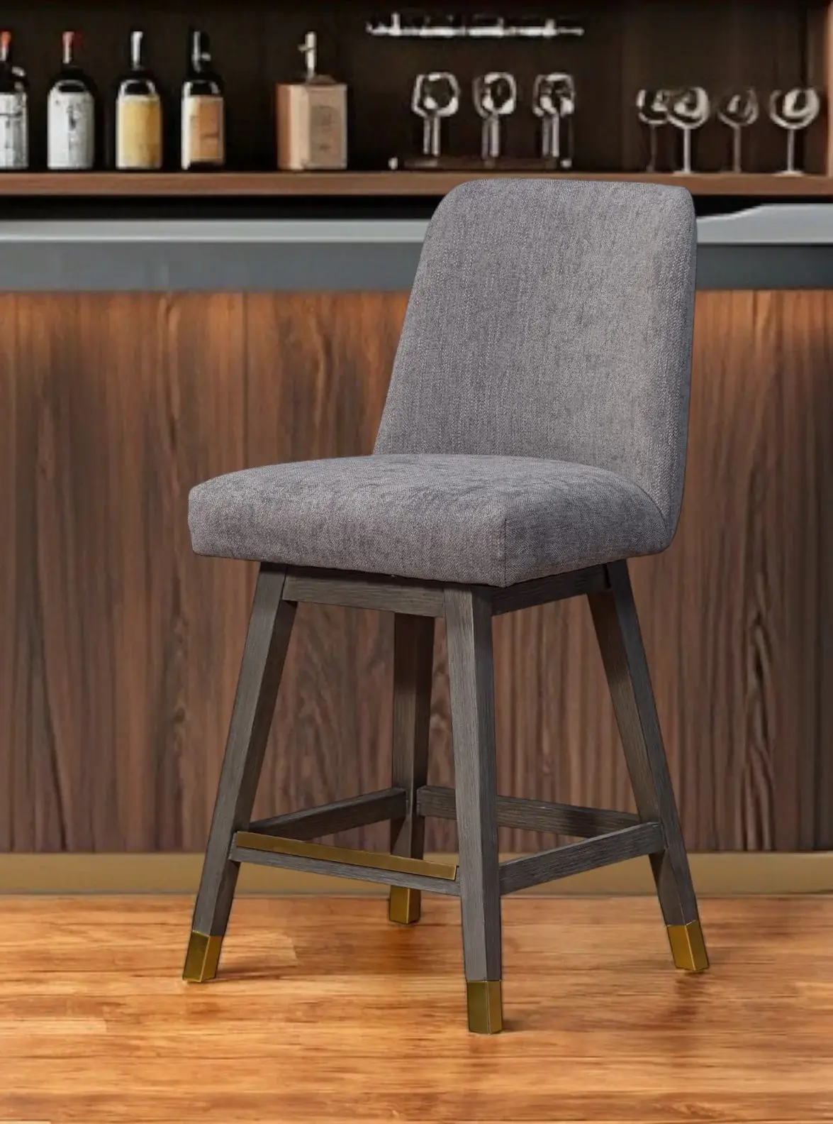 26" Taupe And Gray Upholstered And Solid Wood Swivel Counter Height Bar Chair - Image 2