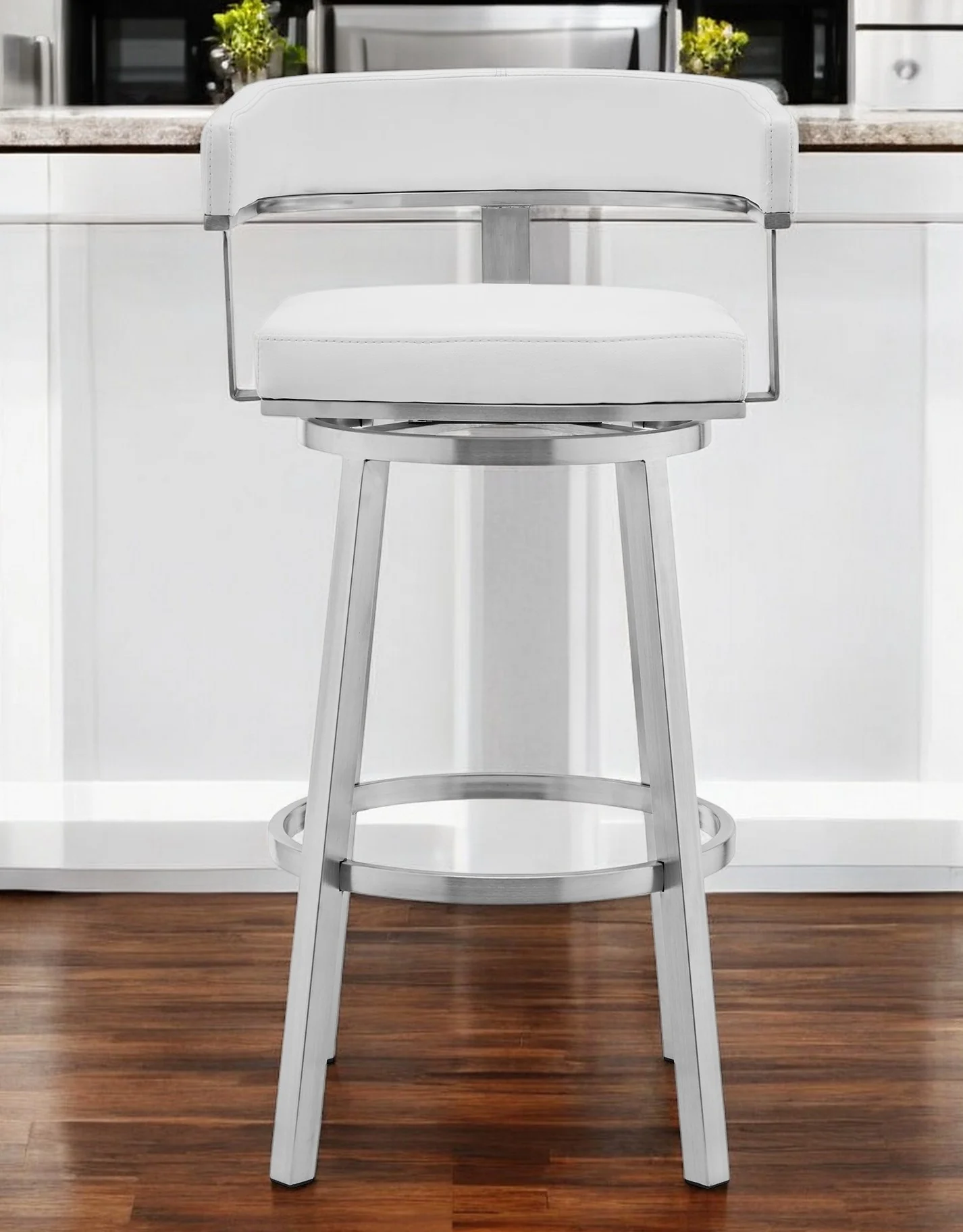 26" White And Silver Faux Leather And Stainless Steel Low Back Counter Height Swivel Bar Chair - Image 2