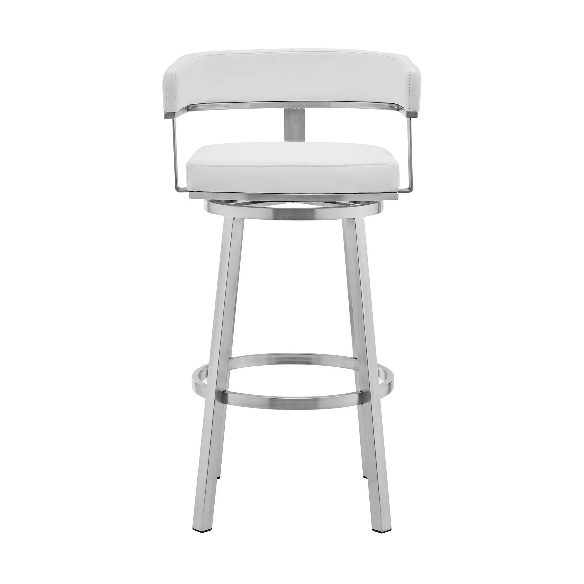 26" White And Silver Faux Leather And Stainless Steel Low Back Counter Height Swivel Bar Chair - Image 3