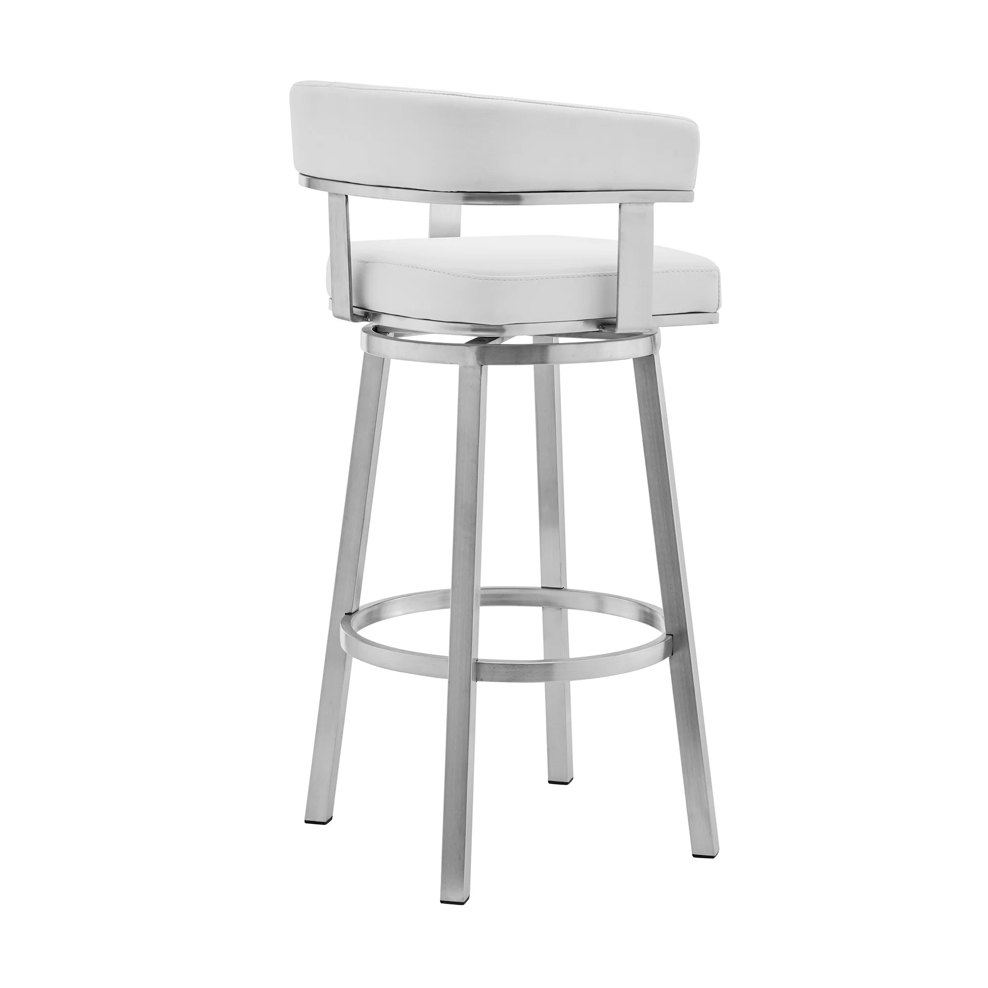 26" White And Silver Faux Leather And Stainless Steel Low Back Counter Height Swivel Bar Chair - Image 4