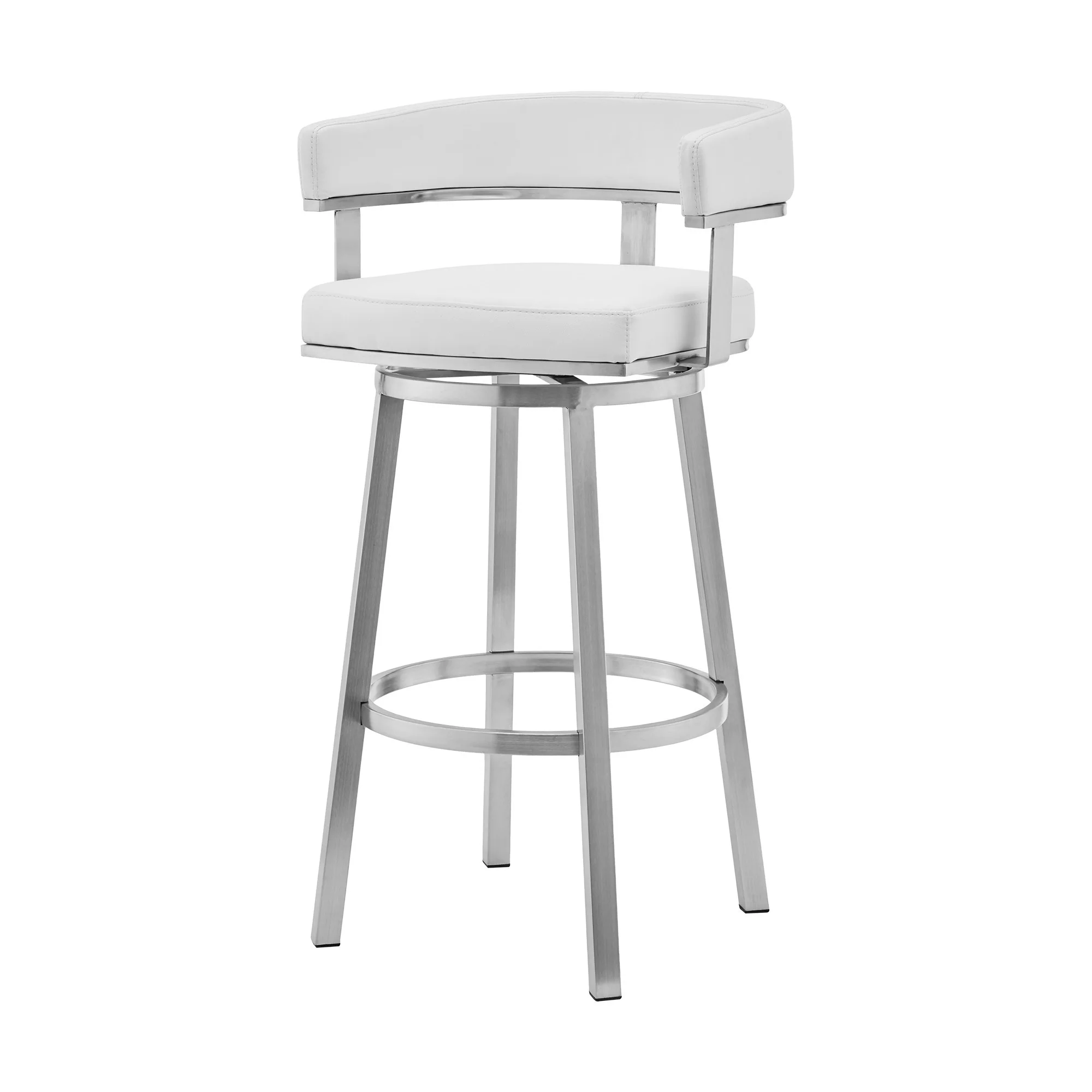 26" White And Silver Faux Leather And Stainless Steel Low Back Counter Height Swivel Bar Chair - Image 5