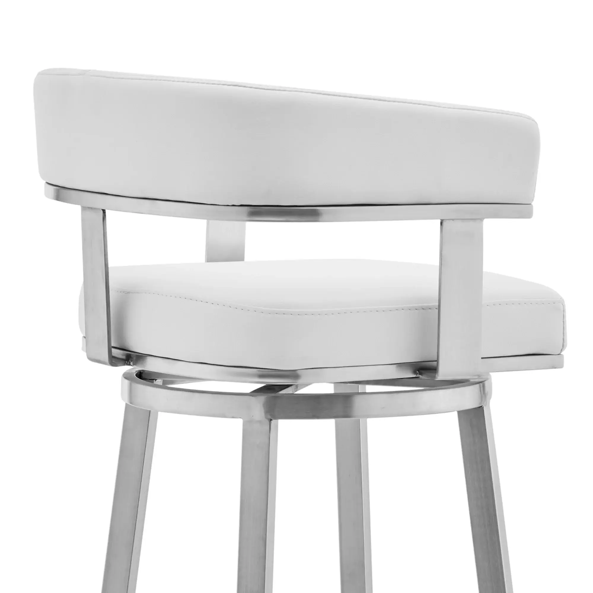26" White And Silver Faux Leather And Stainless Steel Low Back Counter Height Swivel Bar Chair - Image 7