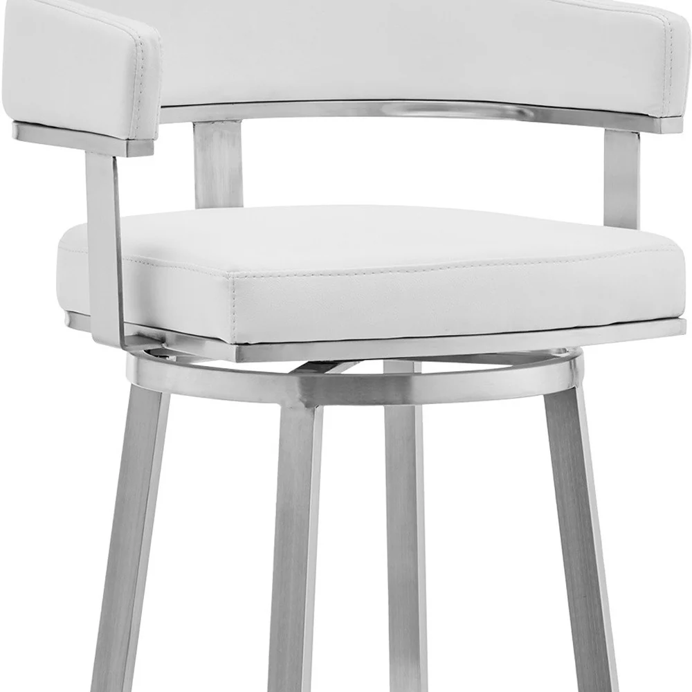 26" White And Silver Faux Leather And Stainless Steel Low Back Counter Height Swivel Bar Chair - Image 9