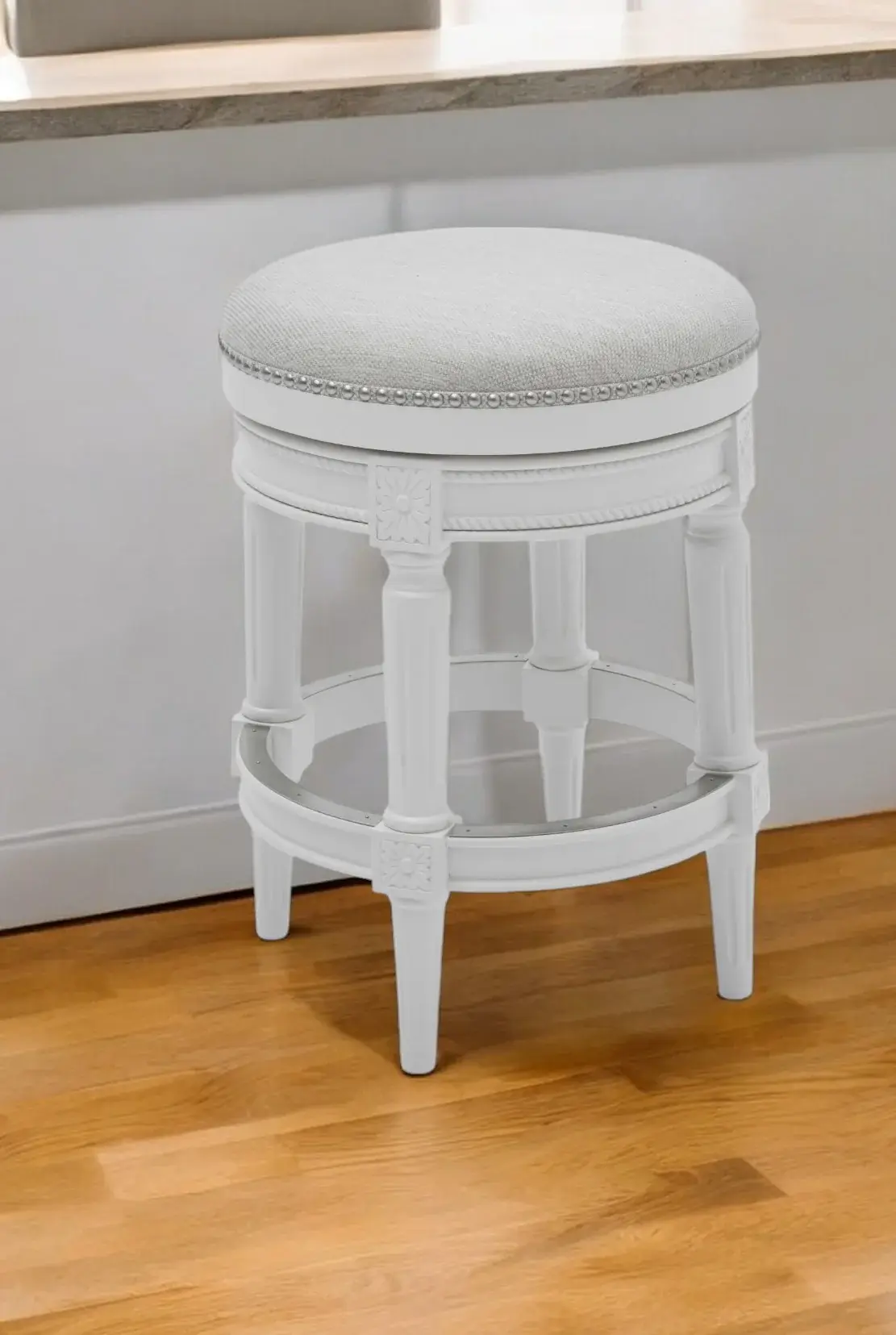 26" White Fabric And Solid Wood Swivel Backless Counter Height Bar Chair - Image 2