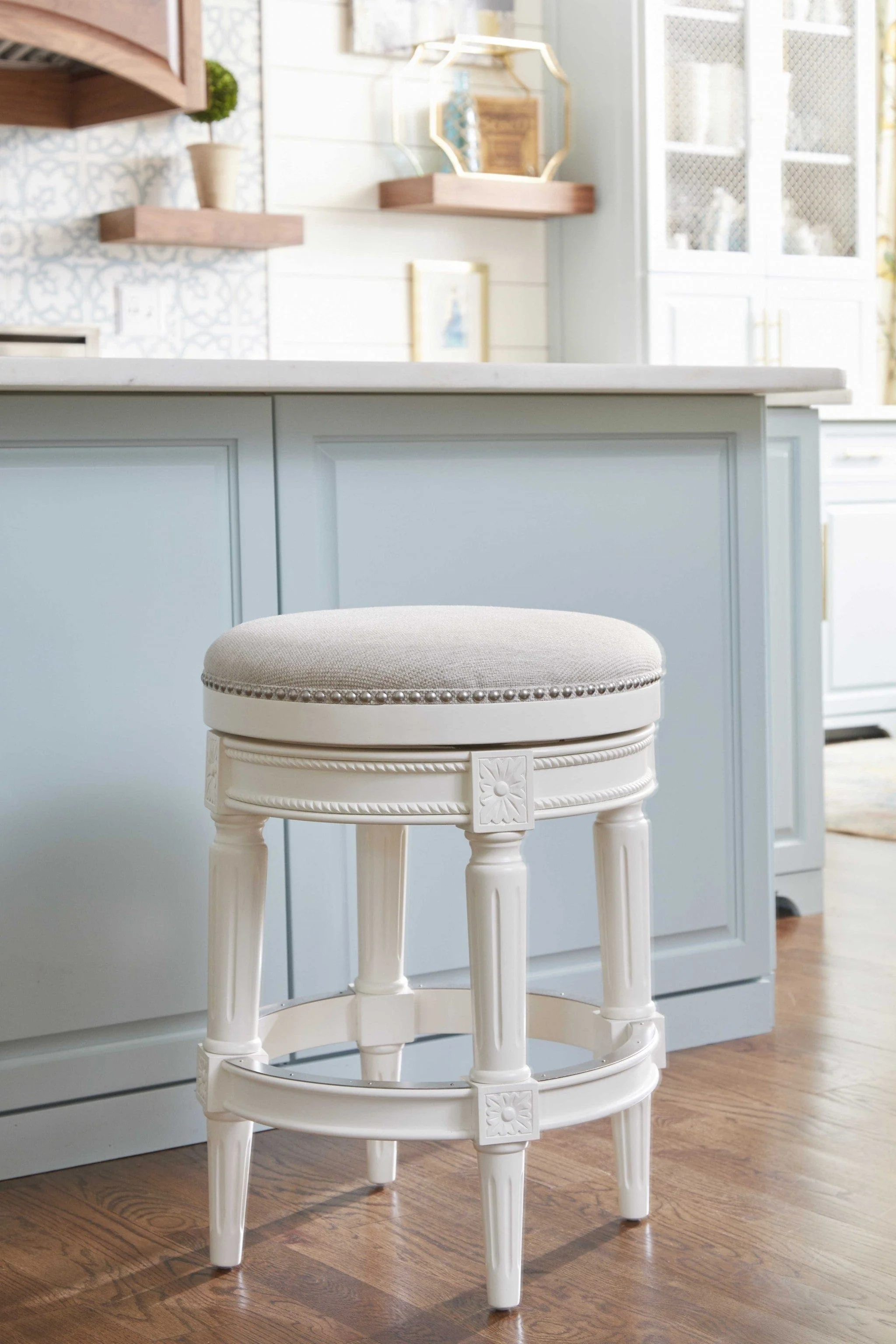26" White Fabric And Solid Wood Swivel Backless Counter Height Bar Chair - Image 8