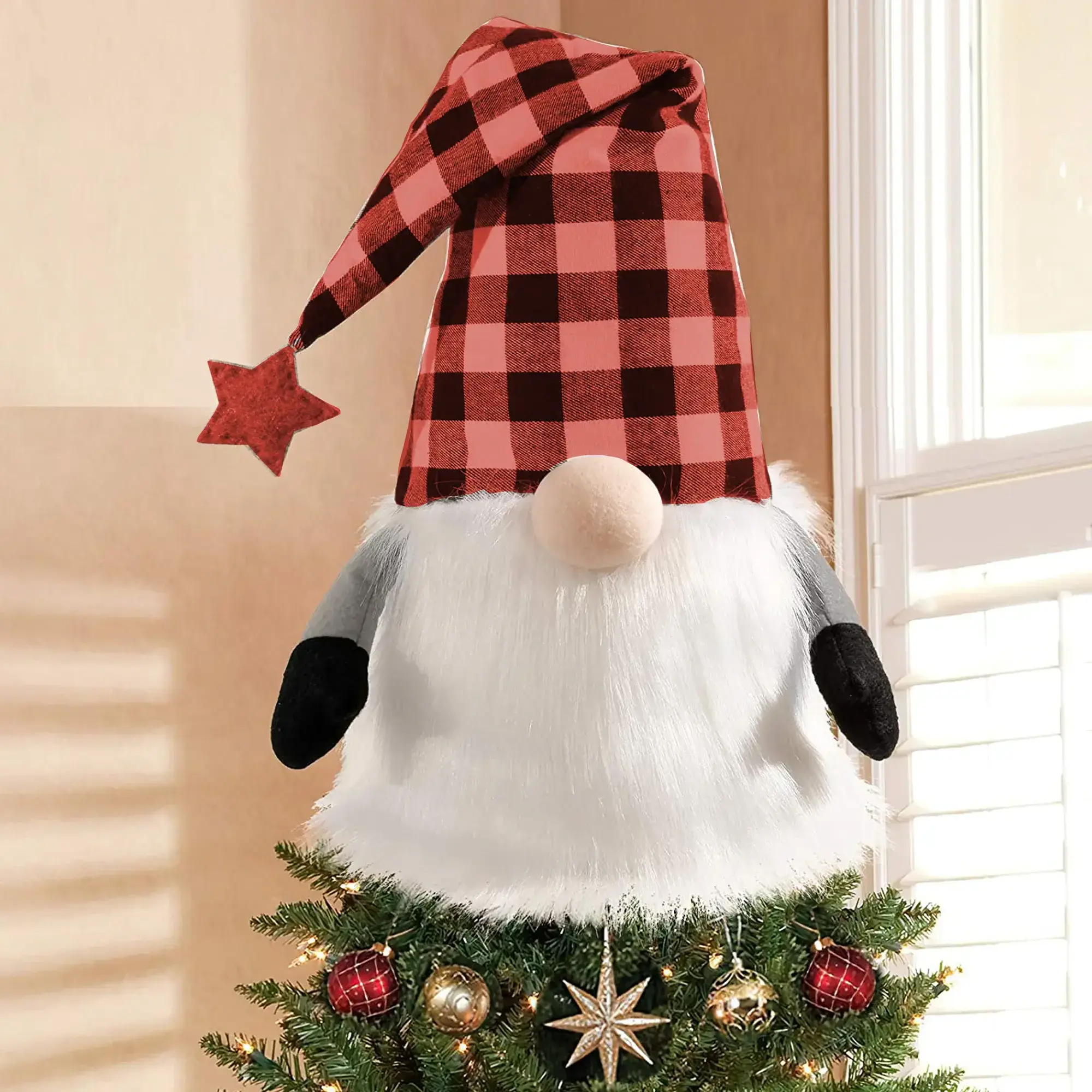 27" Black And Black Felt And Faux Fur Gnome Adjustable Height Tree Topper - Image 8